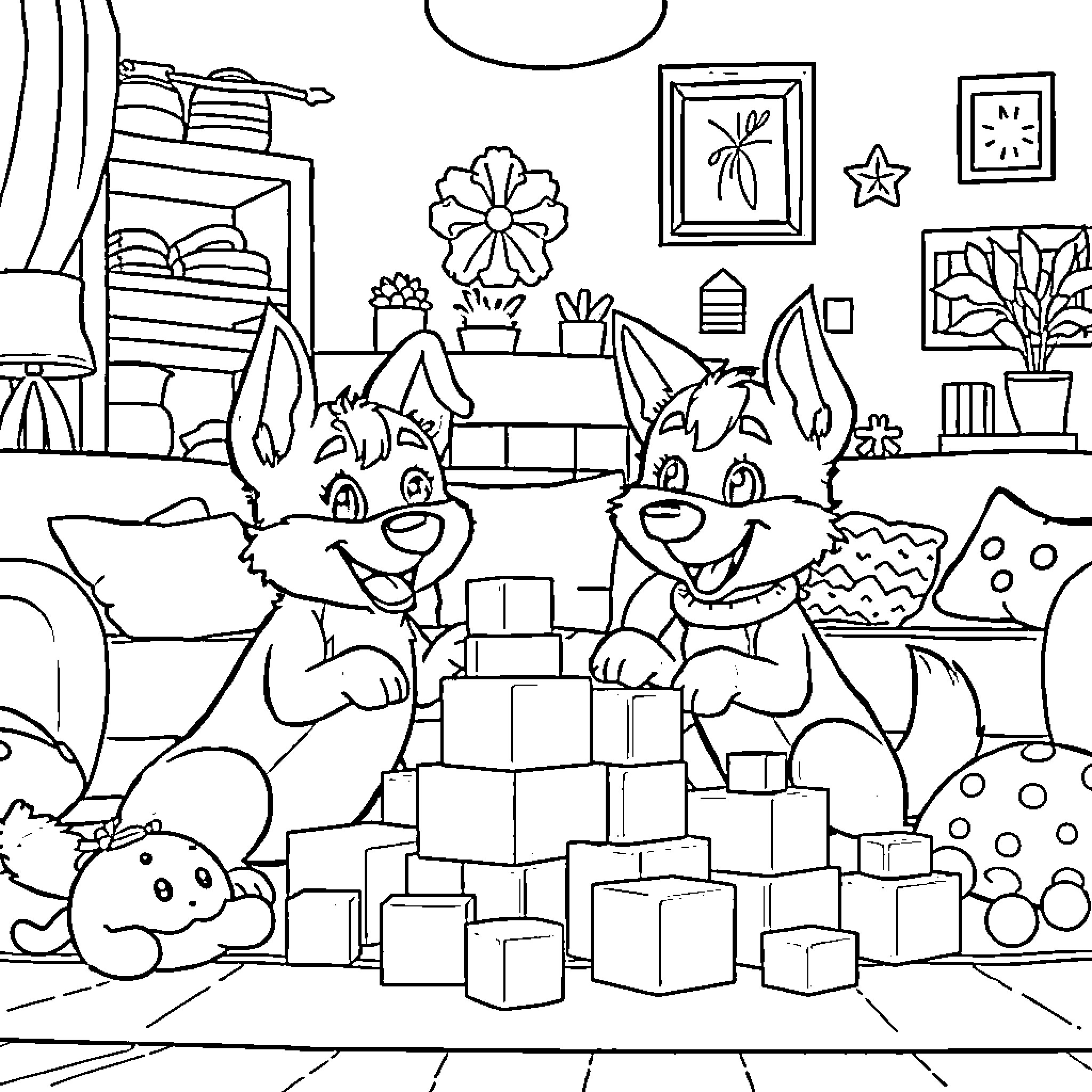 Bluey and friends playing joyfully with toys Coloring Page (free black-and-white line drawing printable PDF for all, from beginners to advanced learners, including children, teens, adults, and seniors)