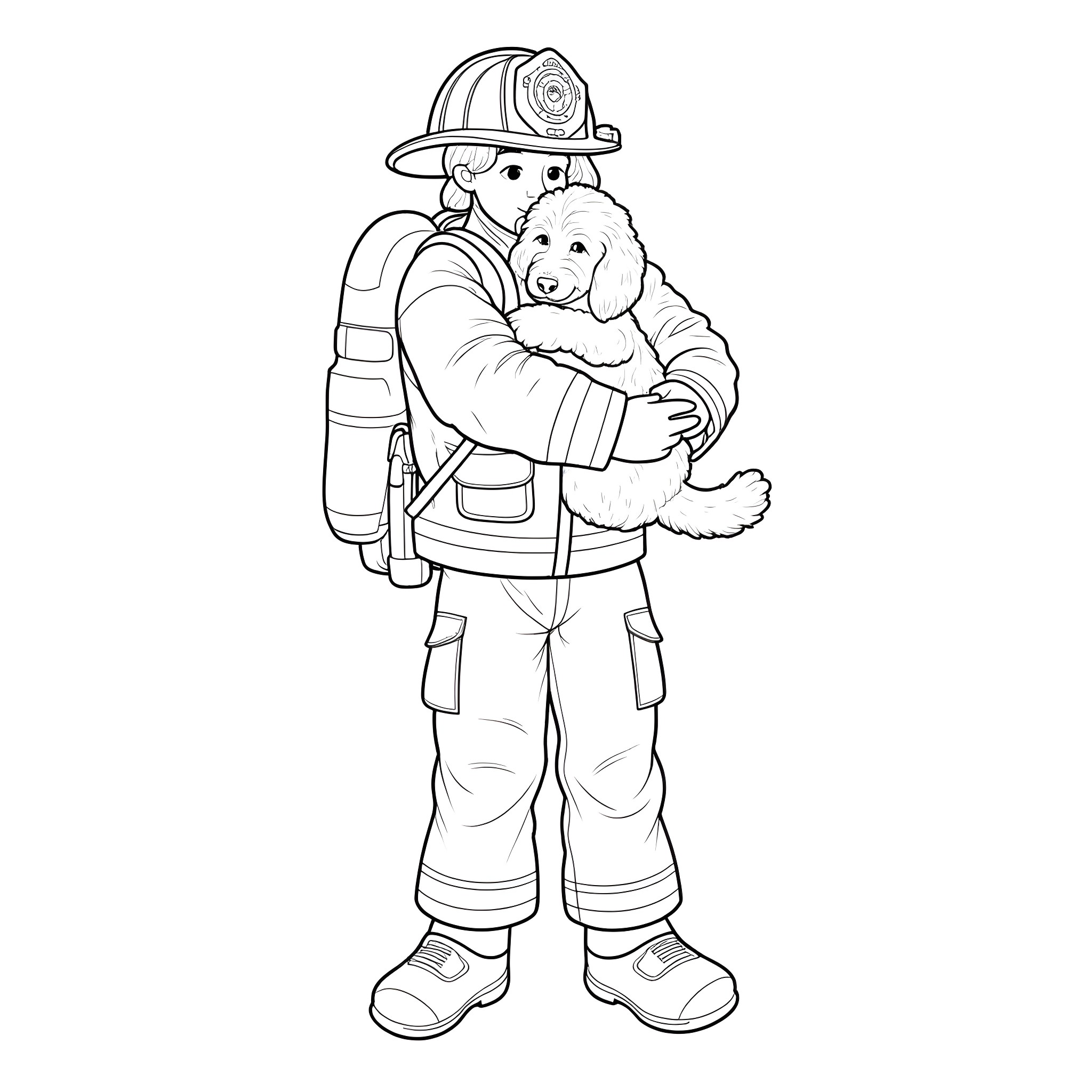 Firefighter rescuing a puppy from a fire Coloring Page (free black-and-white line drawing printable PDF for all, from beginners to advanced learners, including children, teens, adults, and seniors)