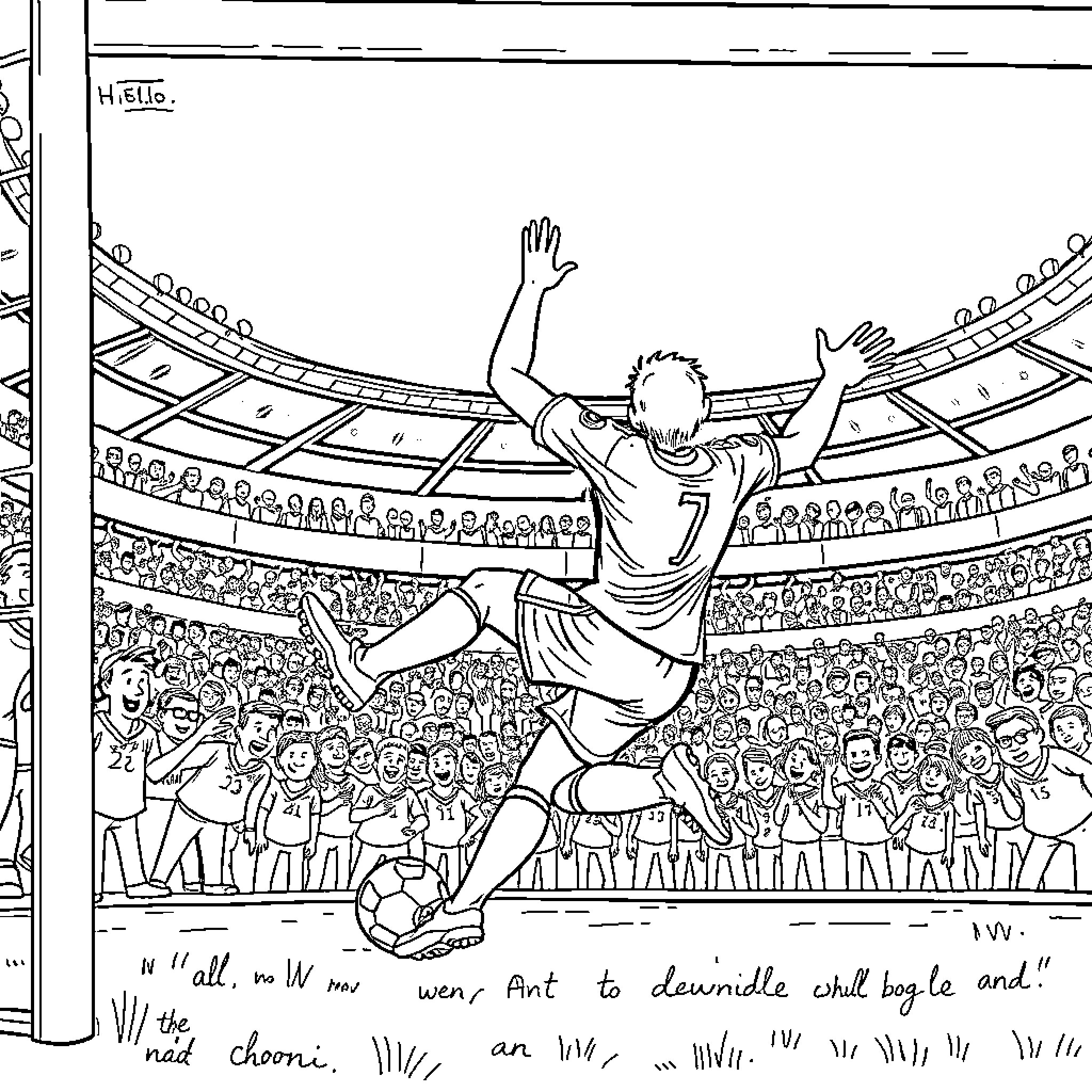 Soccer Player Celebrating Goal in Stadium Coloring Page (free black-and-white line drawing printable PDF for all, from beginners to advanced learners, including children, teens, adults, and seniors)