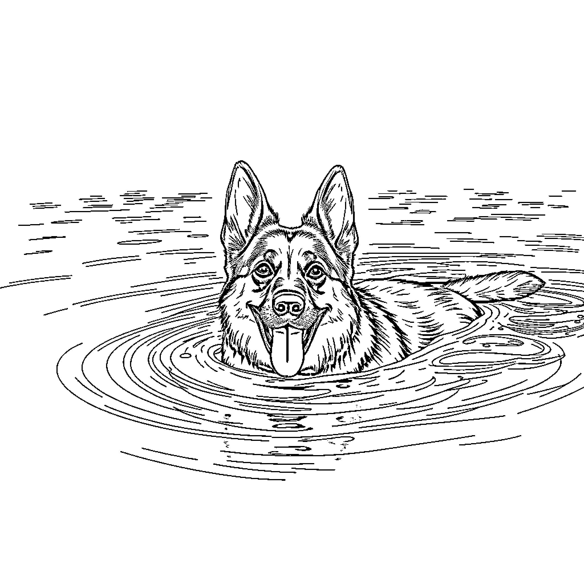 Belgian Shepherd playing in the water Coloring Page (free black-and-white line drawing printable PDF for all, from beginners to advanced learners, including children, teens, adults, and seniors)