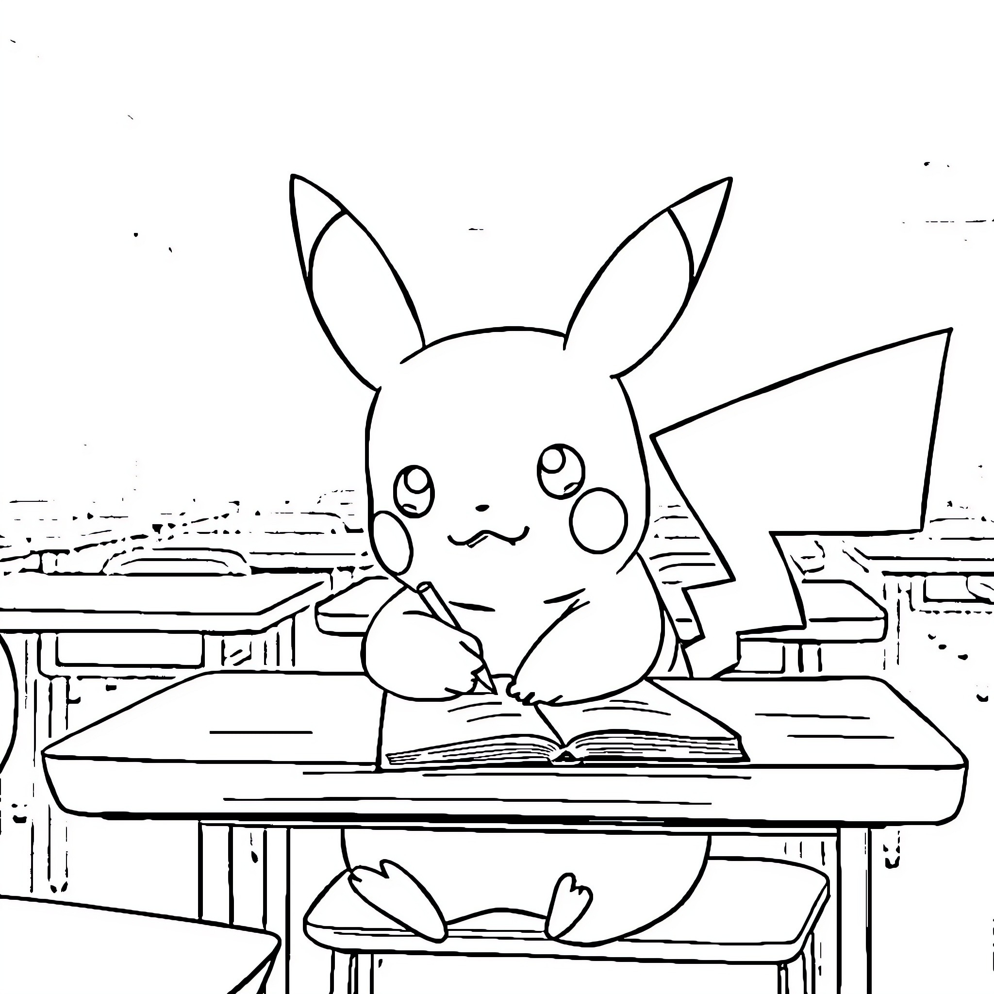 Pikachu studying diligently at desk Coloring Page (free black-and-white line drawing printable PDF for all, from beginners to advanced learners, including children, teens, adults, and seniors)