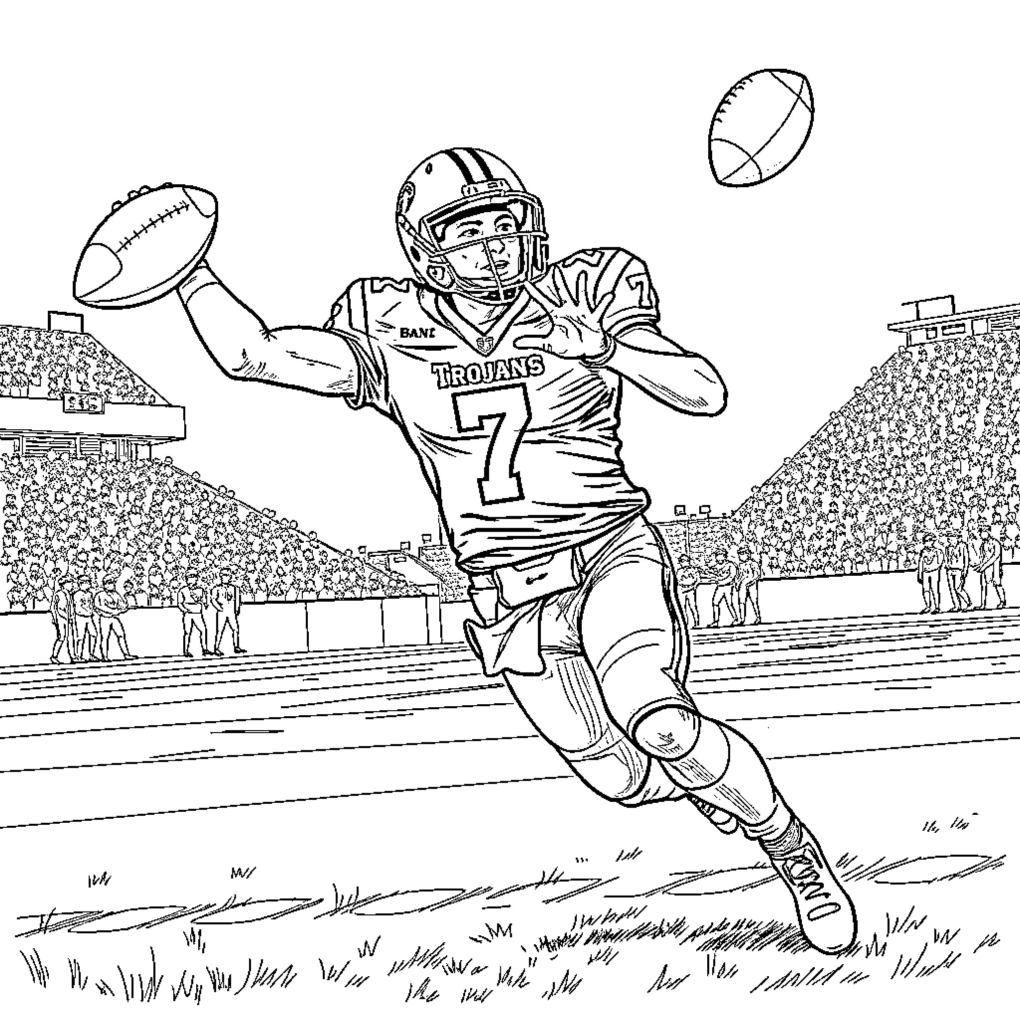 Football Player Throwing Ball in Action on Field Coloring Page (free black-and-white line drawing printable PDF for all, from beginners to advanced learners, including children, teens, adults, and seniors)