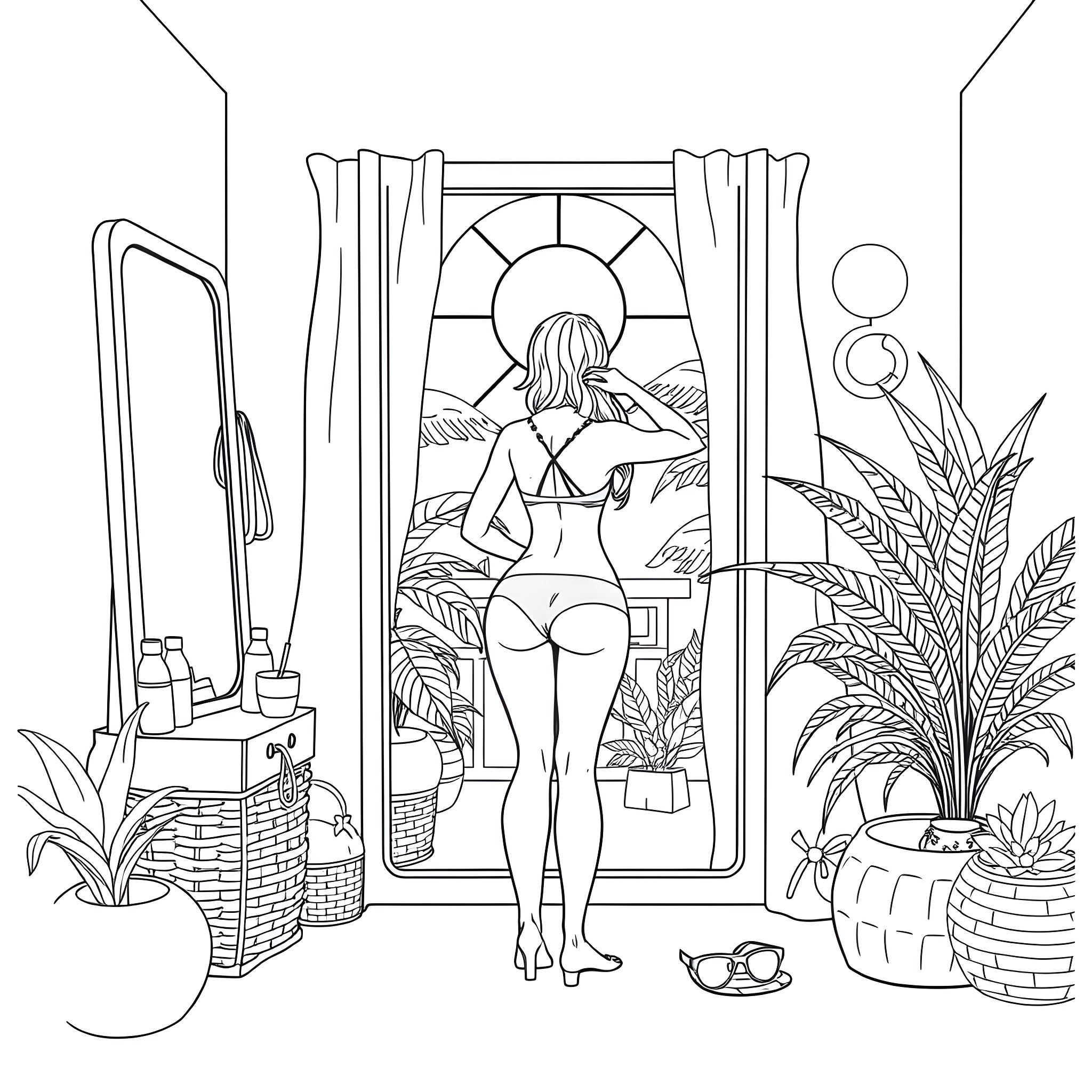Woman admiring scenic view through window Coloring Page (free black-and-white line drawing printable PDF for all, from beginners to advanced learners, including children, teens, adults, and seniors)