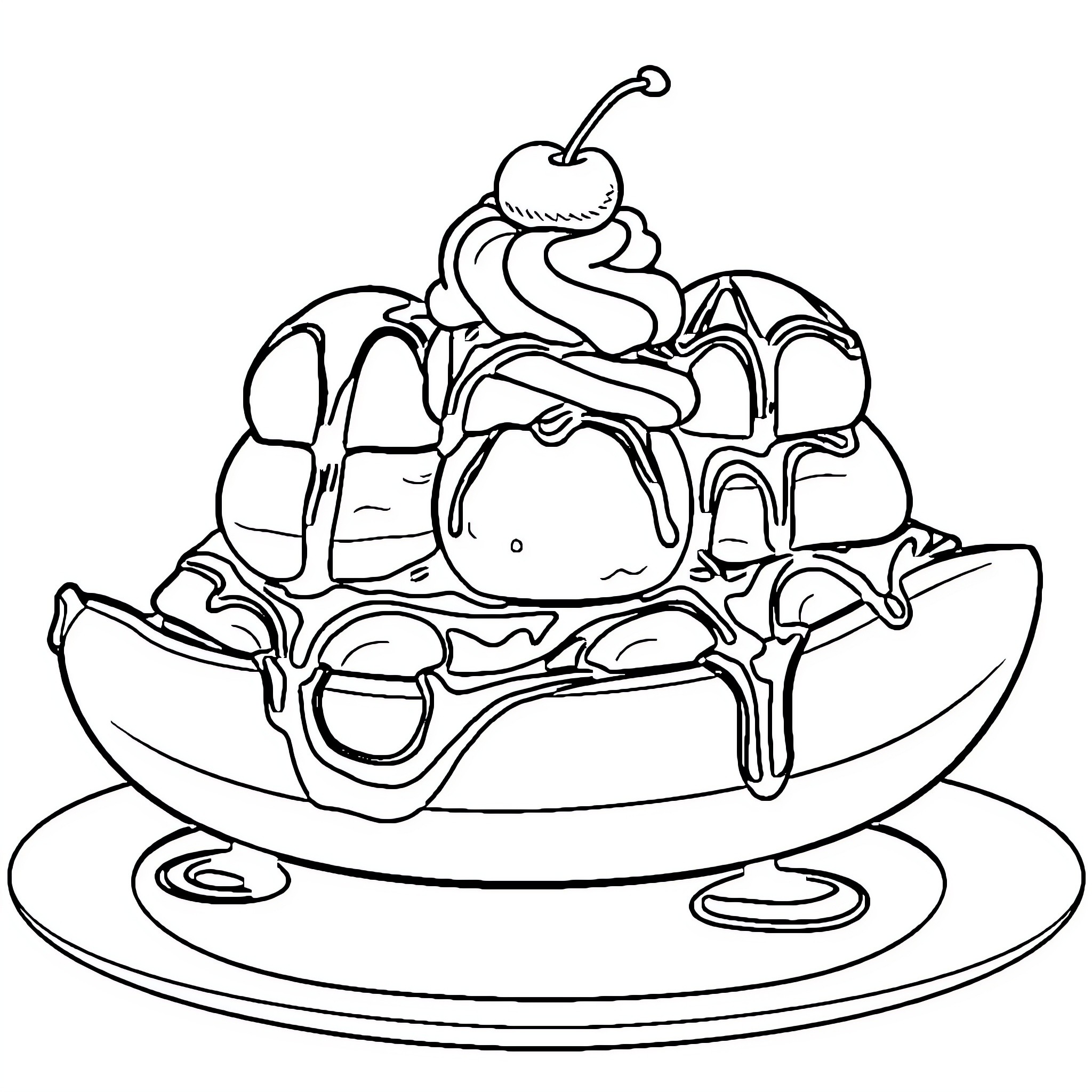 Banana Split with Treats and Sweets Coloring Page (free black-and-white line drawing printable PDF for all, from beginners to advanced learners, including children, teens, adults, and seniors)