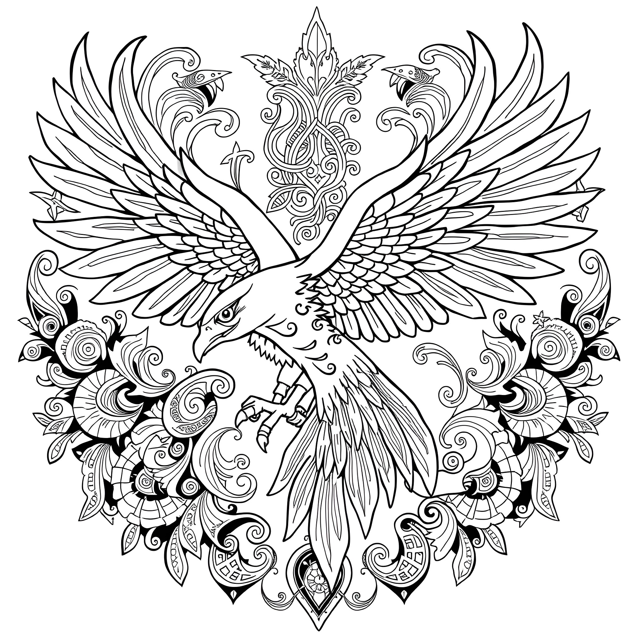Thunderbird majestic in flight with ornate details Coloring Page (free black-and-white line drawing printable PDF for all, from beginners to advanced learners, including children, teens, adults, and seniors)