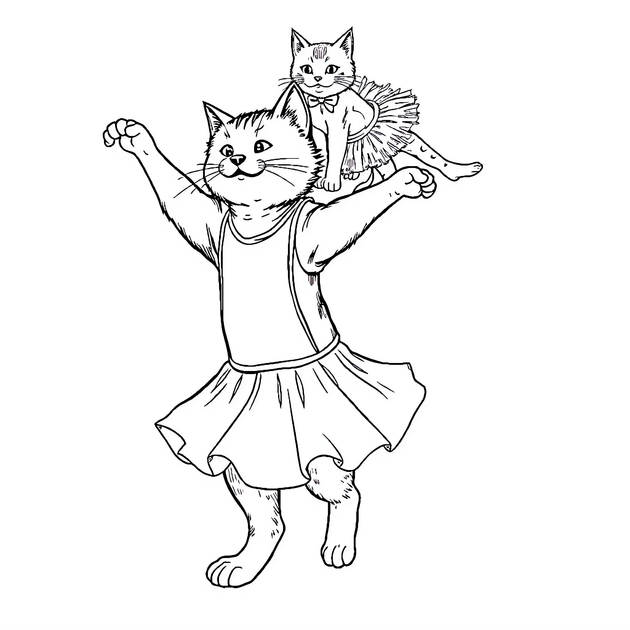 Cats dressed in costume and dancing Coloring Page (free black-and-white line drawing printable PDF for all, from beginners to advanced learners, including children, teens, adults, and seniors)
