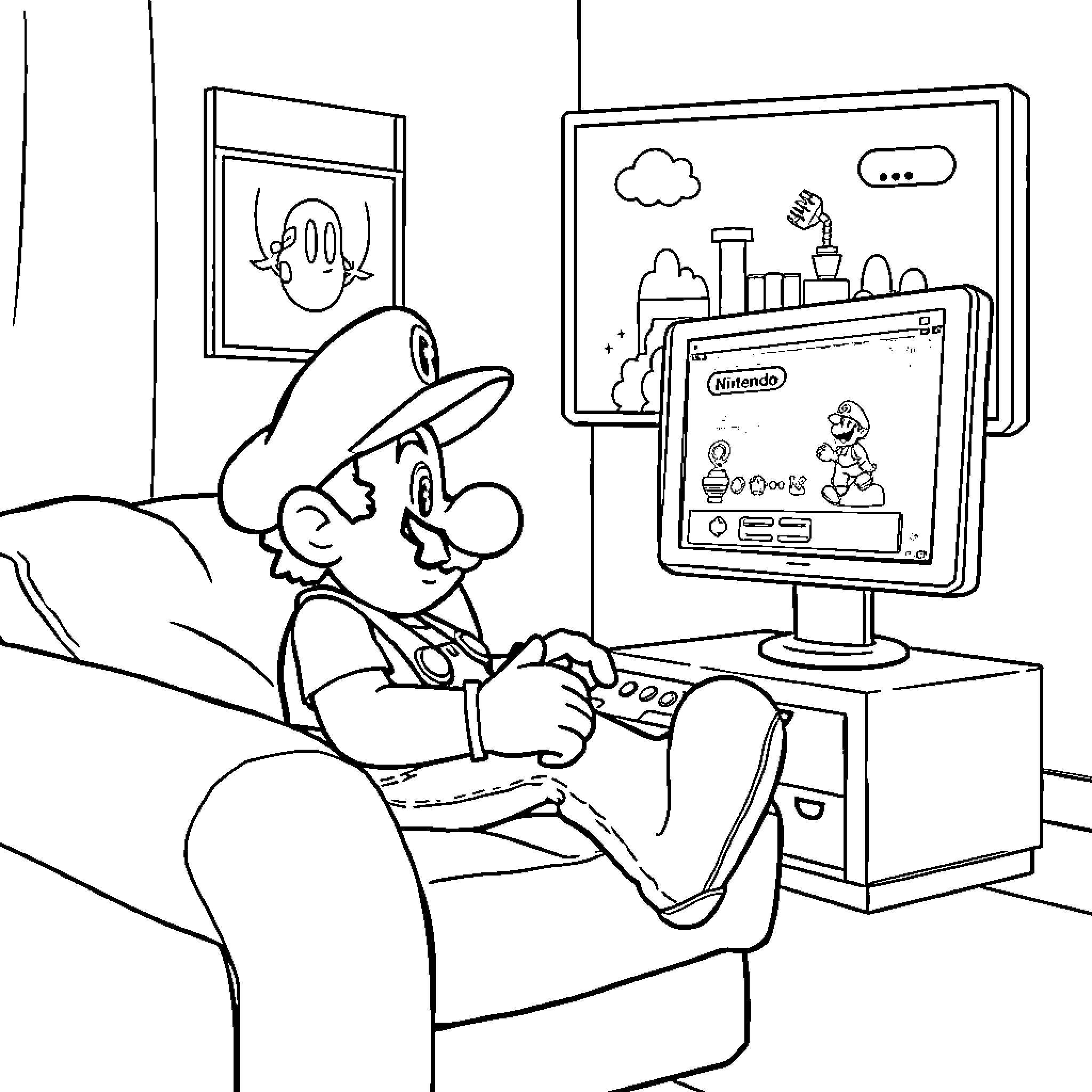 Mario enjoying a Nintendo video game at home Coloring Page (free black-and-white line drawing printable PDF for all, from beginners to advanced learners, including children, teens, adults, and seniors)