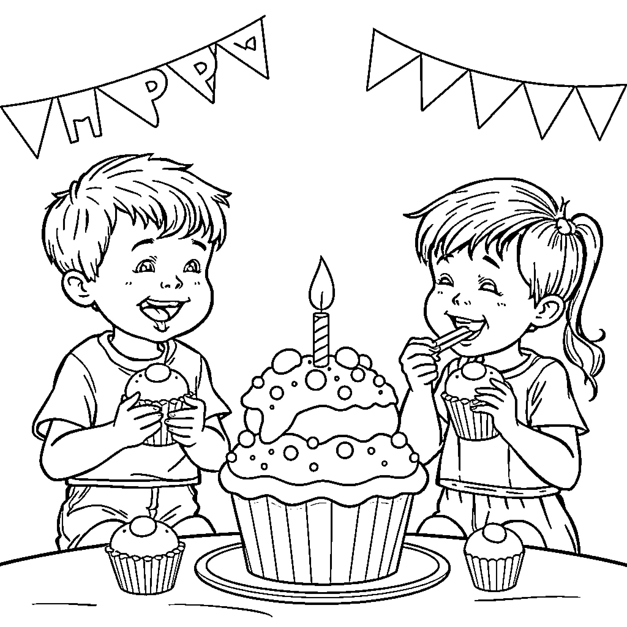 Kid's Happy Birthday Celebration with Cake and Cupcakes Coloring Page (free black-and-white line drawing printable PDF for all, from beginners to advanced learners, including children, teens, adults, and seniors)