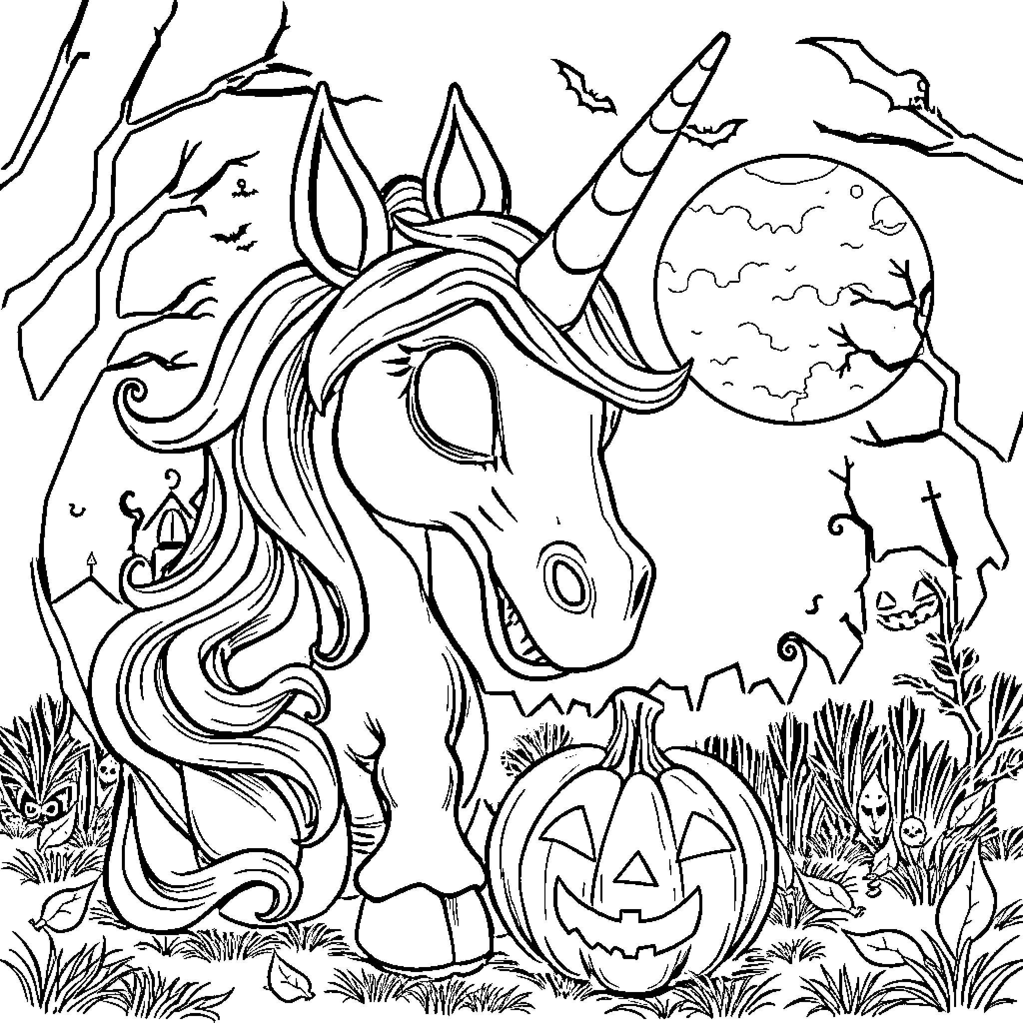 Unicorn Enchanting Halloween Scene Coloring Page (free black-and-white line drawing printable PDF for all, from beginners to advanced learners, including children, teens, adults, and seniors)