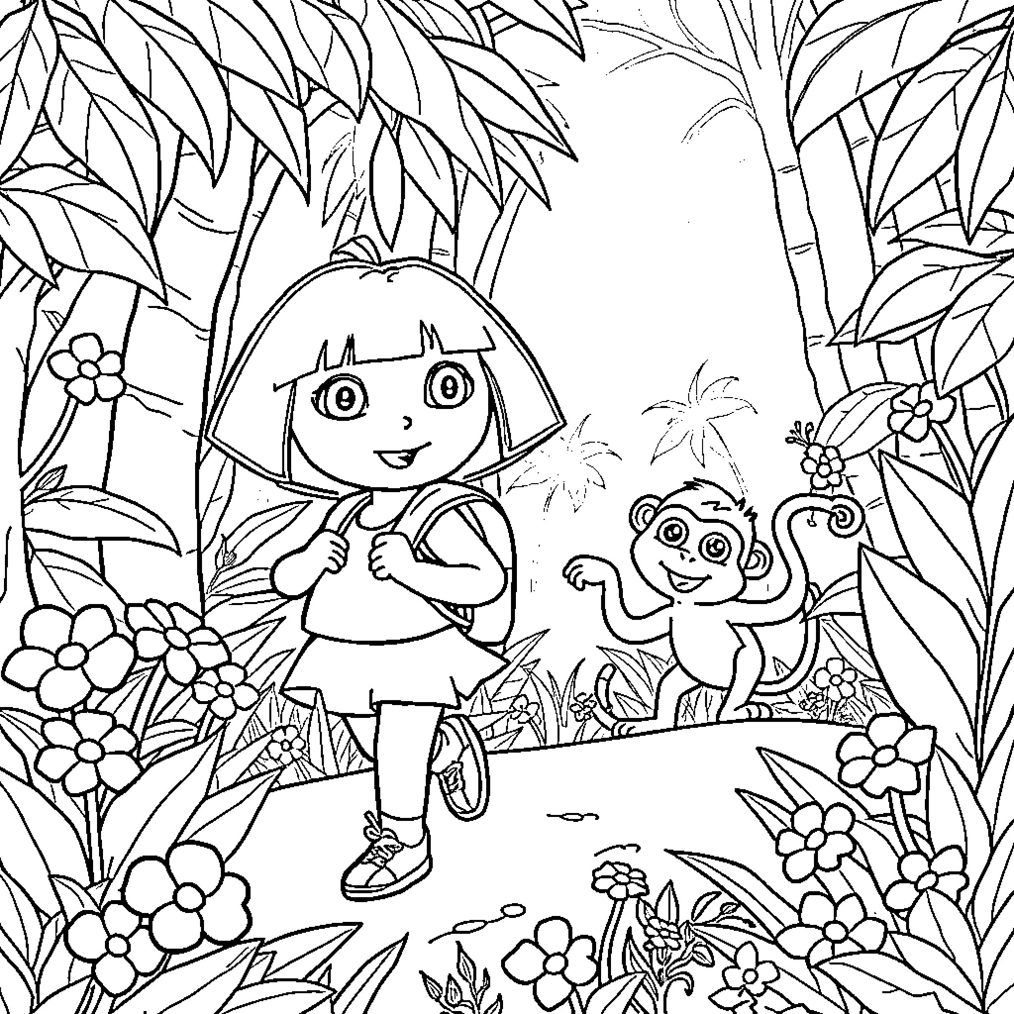 Dora's Adventure in the Enchanted Forest Coloring Page (free black-and-white line drawing printable PDF for all, from beginners to advanced learners, including children, teens, adults, and seniors)