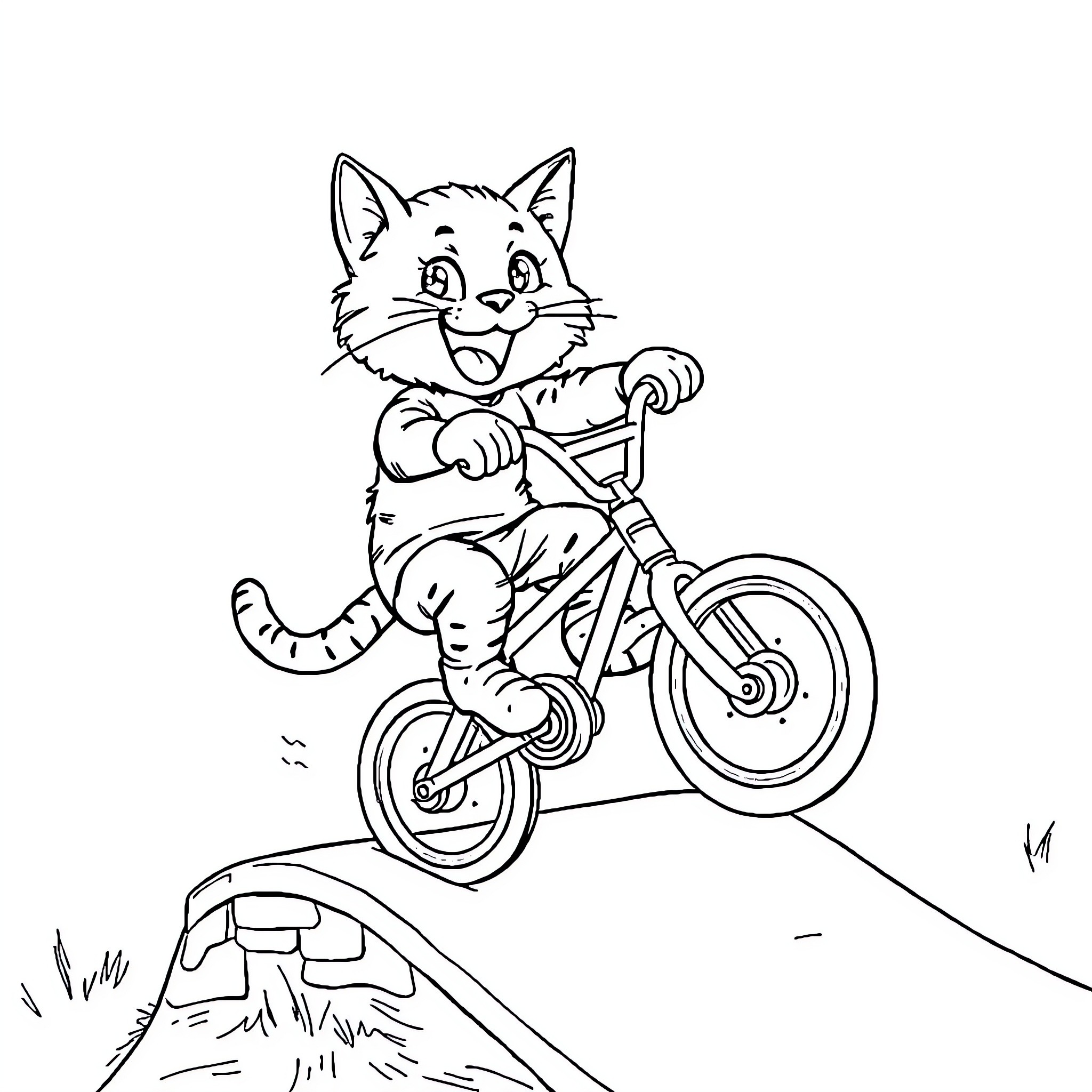 Chat on Bike Enjoying the Ride Coloring Page (free black-and-white line drawing printable PDF for all, from beginners to advanced learners, including children, teens, adults, and seniors)
