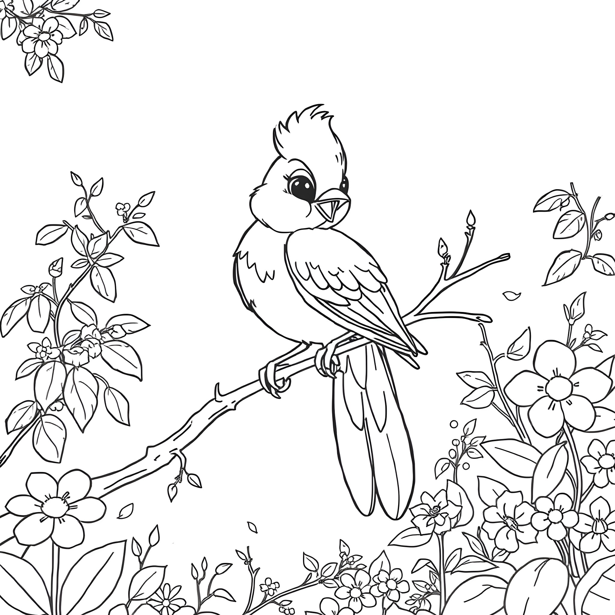 Bird perched on branch surrounded by flowers Coloring Page (free black-and-white line drawing printable PDF for all, from beginners to advanced learners, including children, teens, adults, and seniors)
