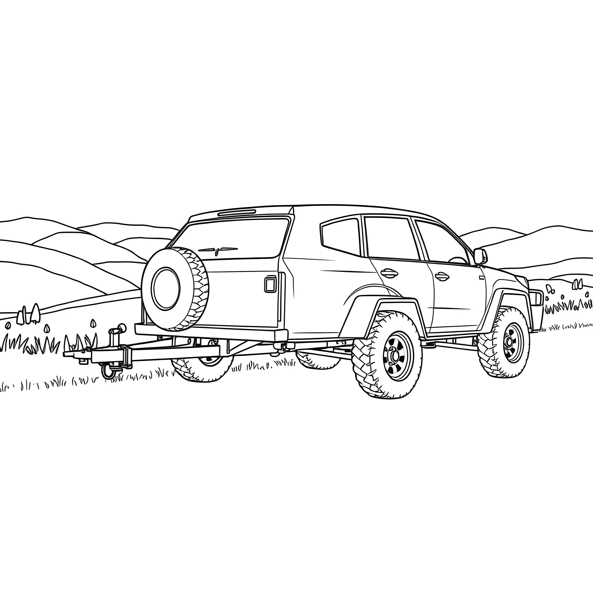 Car Trailer Traversing Rugged Terrain Coloring Page (free black-and-white line drawing printable PDF for all, from beginners to advanced learners, including children, teens, adults, and seniors)