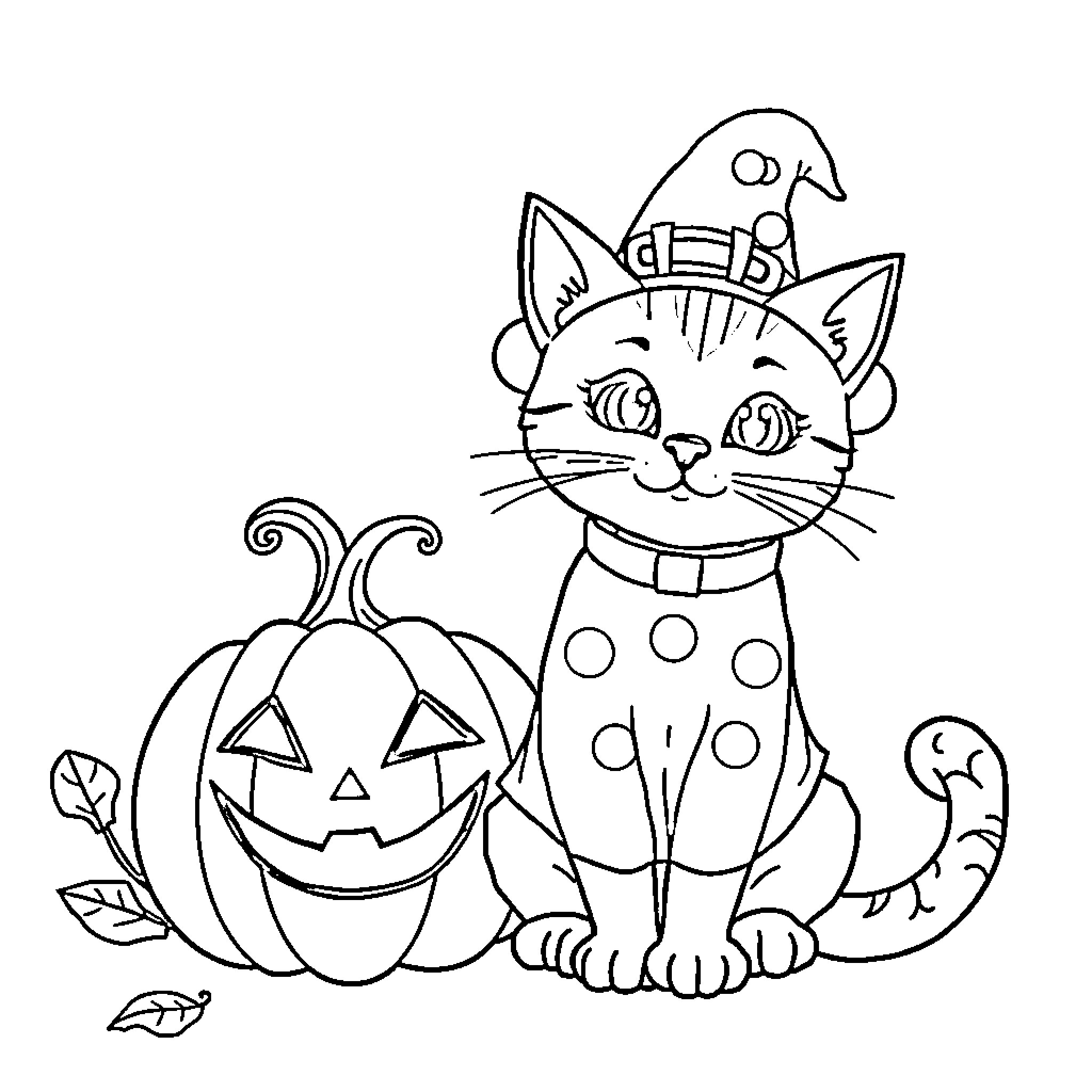 Cat wearing Halloween costume with pumpkin Coloring Page (free black-and-white line drawing printable PDF for all, from beginners to advanced learners, including children, teens, adults, and seniors)