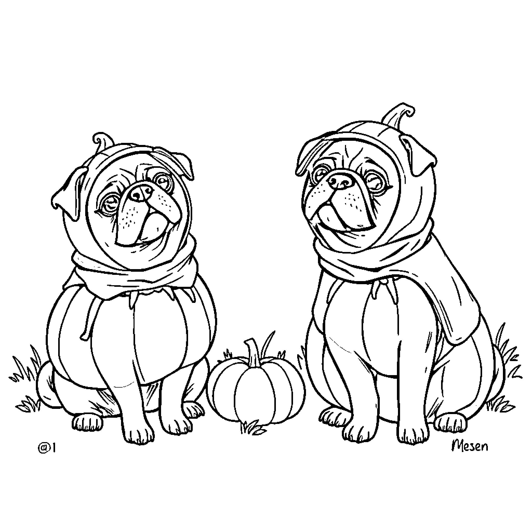 Pugs in Autumn Attire Enjoying Pumpkins Coloring Page (free black-and-white line drawing printable PDF for all, from beginners to advanced learners, including children, teens, adults, and seniors)