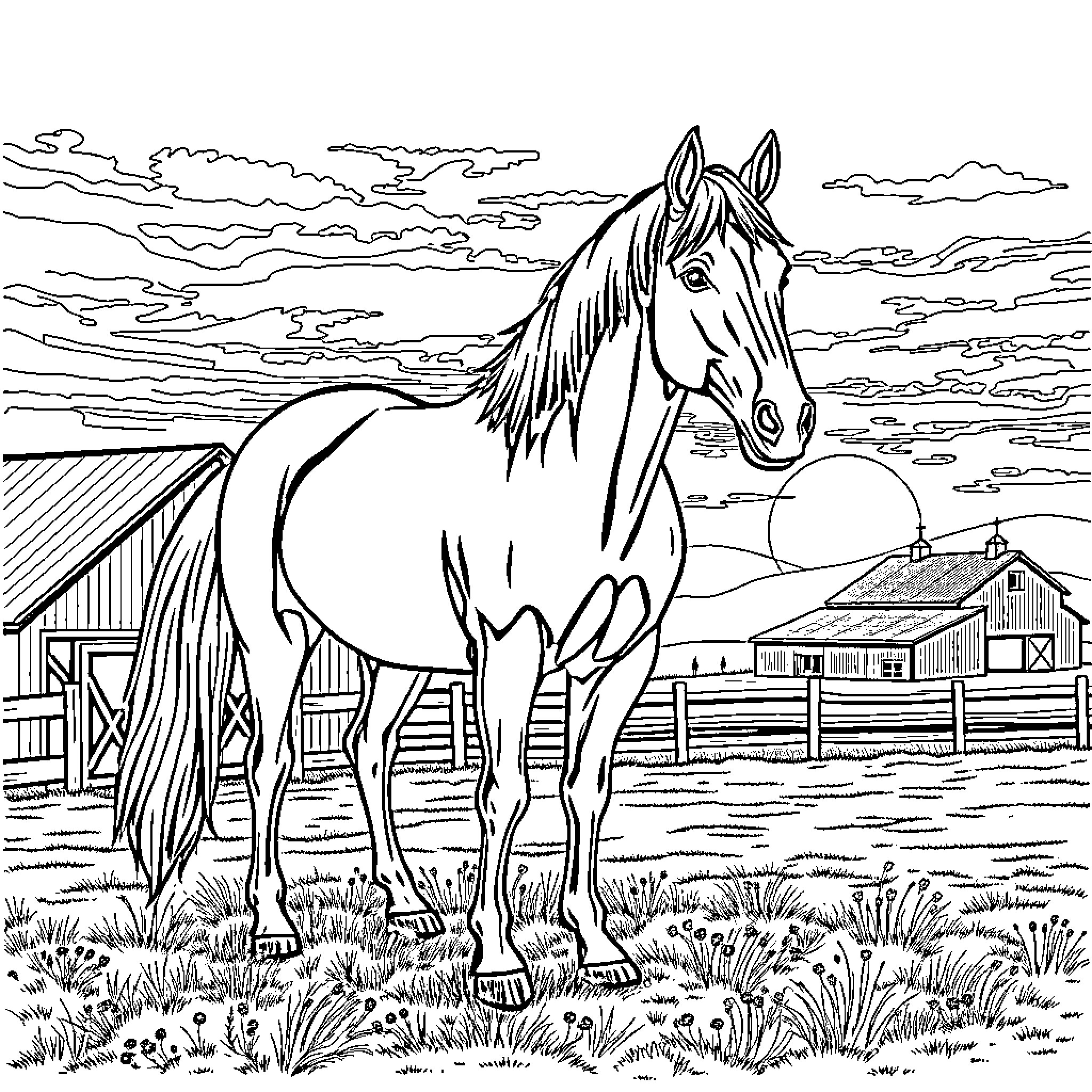 Horse Standing Proudly in Rural Landscape Coloring Page (free black-and-white line drawing printable PDF for all, from beginners to advanced learners, including children, teens, adults, and seniors)