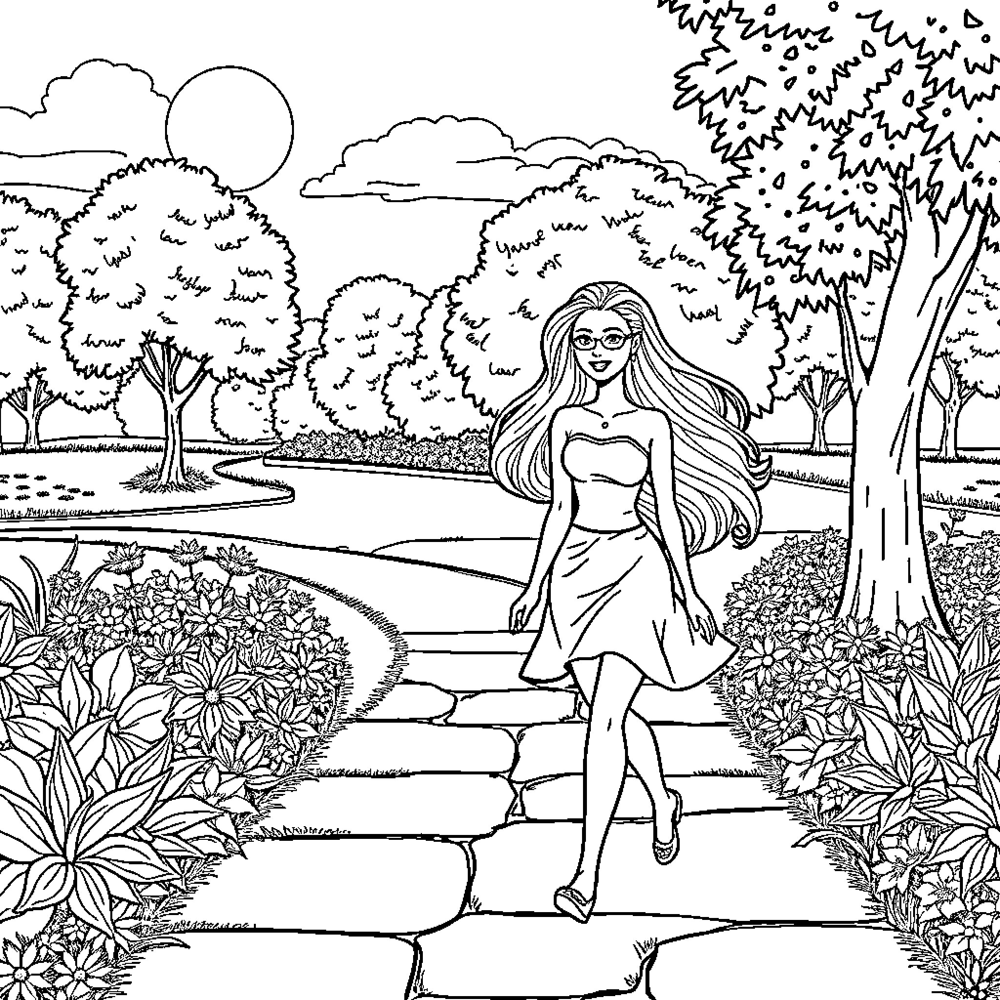 Barbie enjoying a stroll through the garden Coloring Page (free black-and-white line drawing printable PDF for all, from beginners to advanced learners, including children, teens, adults, and seniors)