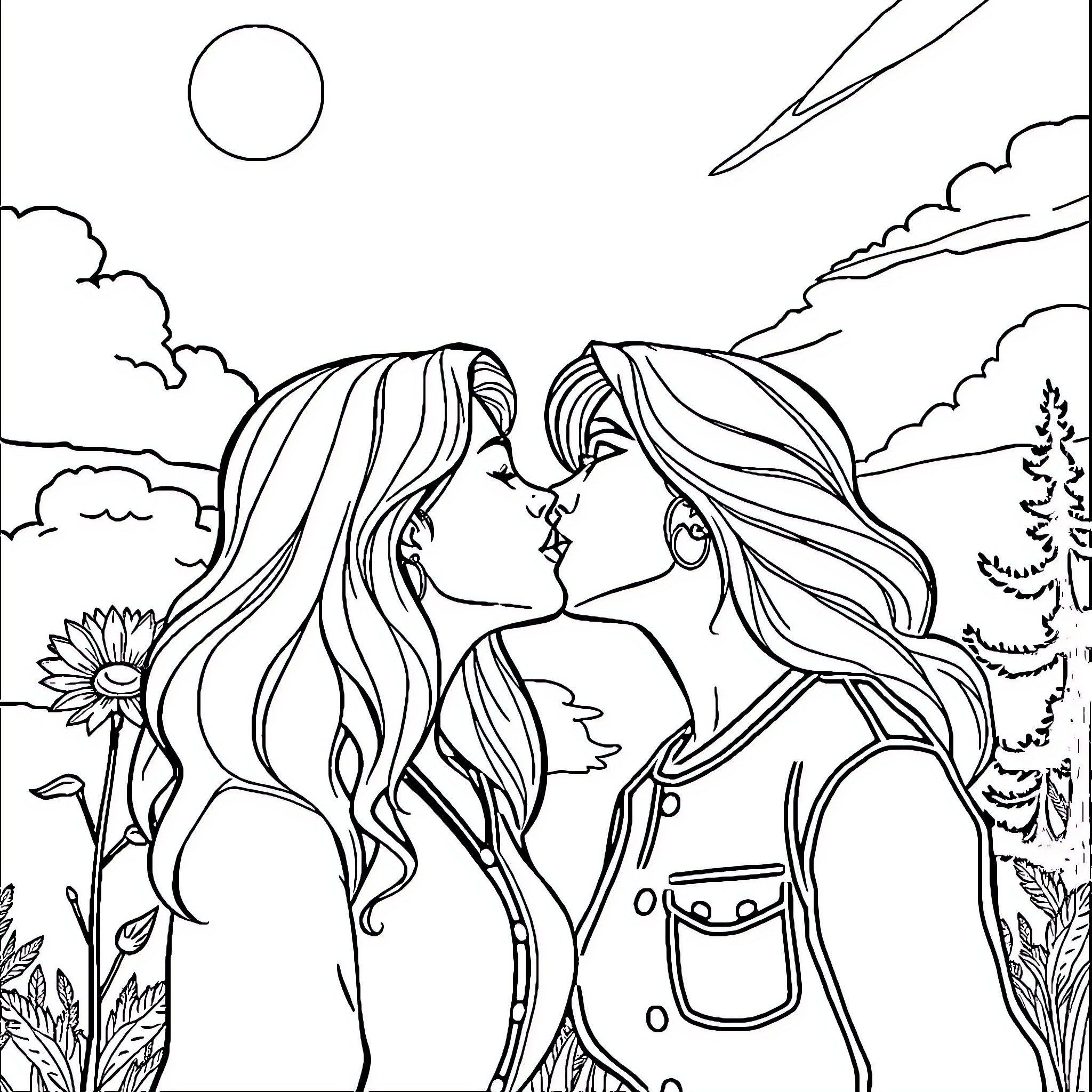 Woman sharing a romantic moment with another woman in nature Coloring Page (free black-and-white line drawing printable PDF for all, from beginners to advanced learners, including children, teens, adults, and seniors)