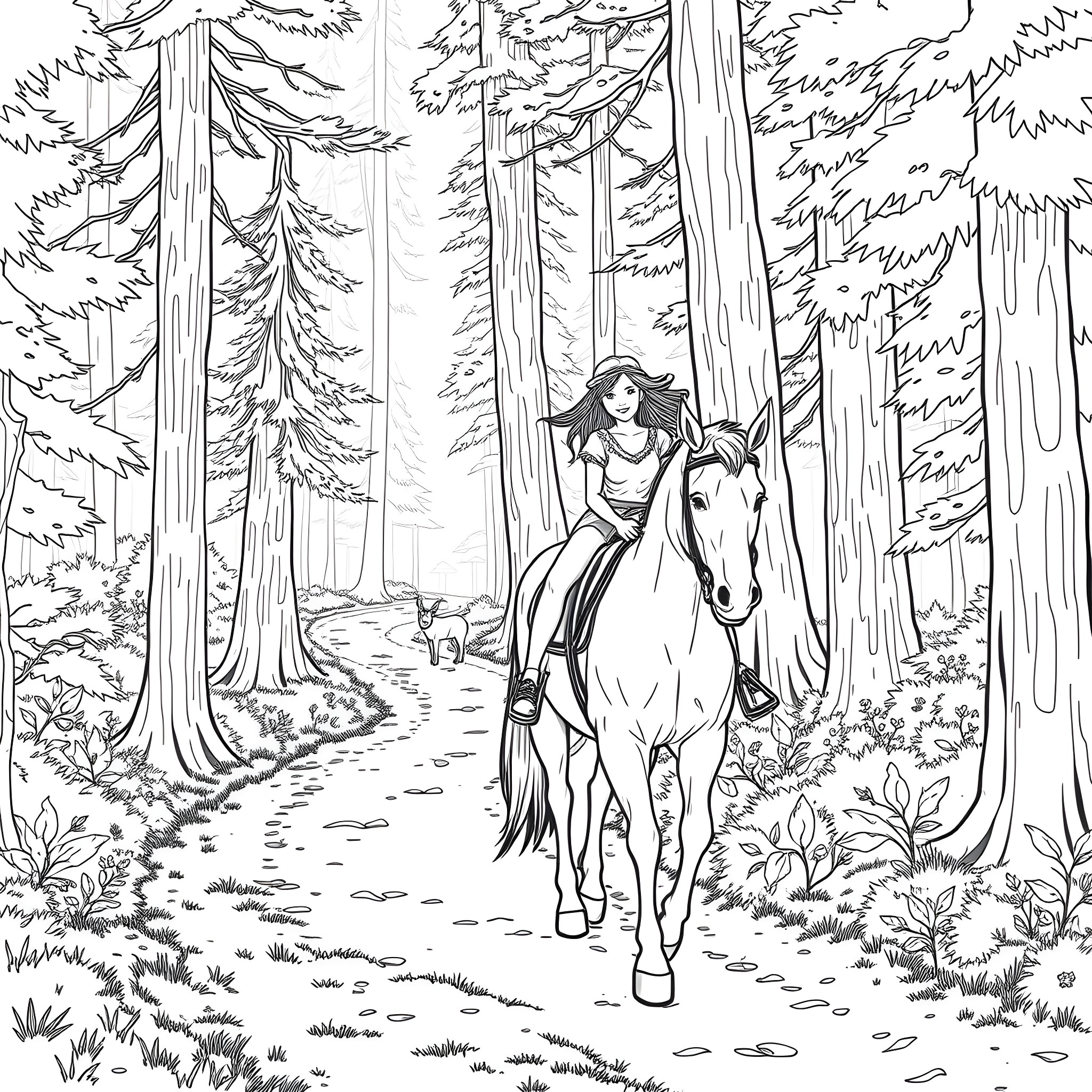 Girl riding a horse through a forest Coloring Page (free black-and-white line drawing printable PDF for all, from beginners to advanced learners, including children, teens, adults, and seniors)