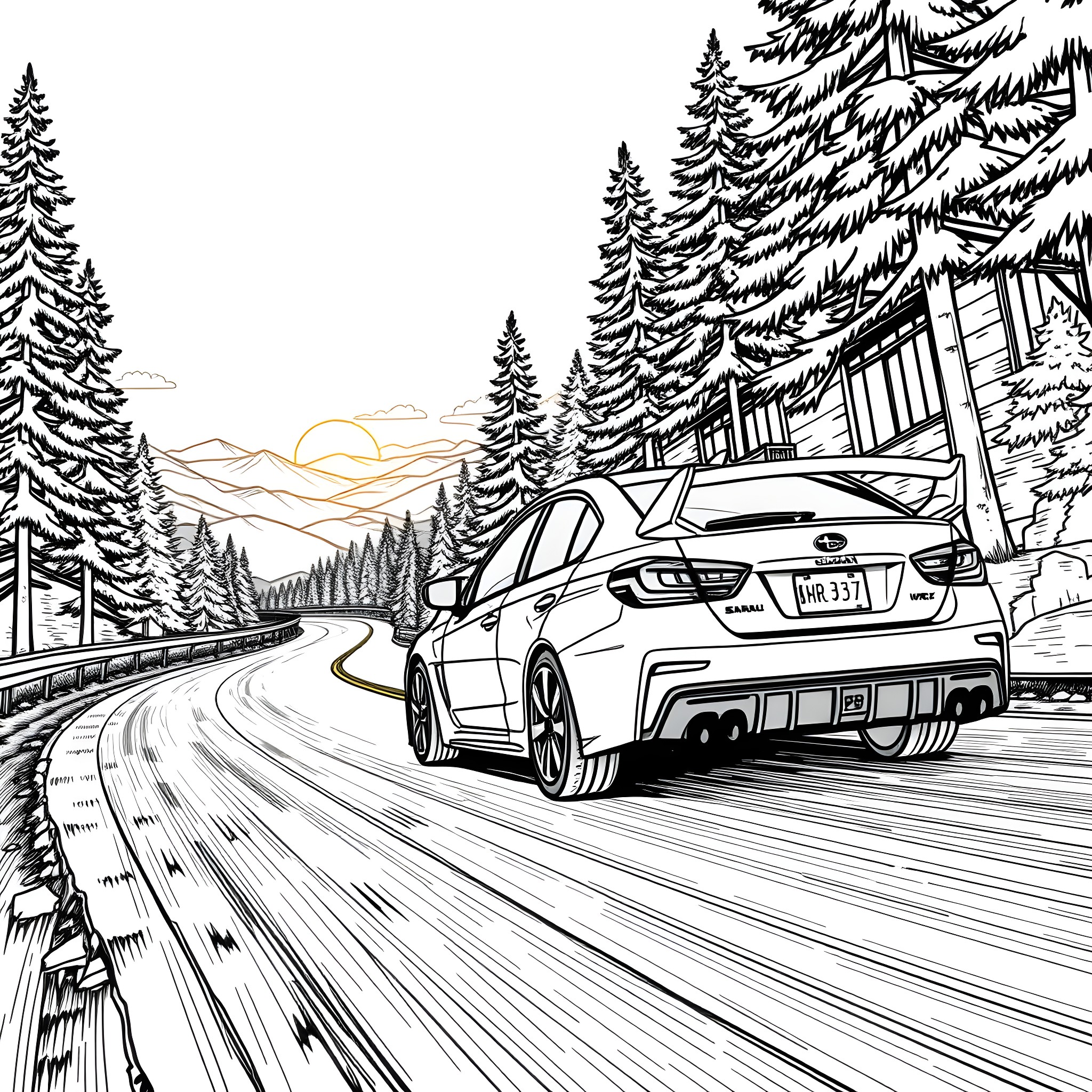 Subaru driving on a winding mountain road Coloring Page (free black-and-white line drawing printable PDF for all, from beginners to advanced learners, including children, teens, adults, and seniors)