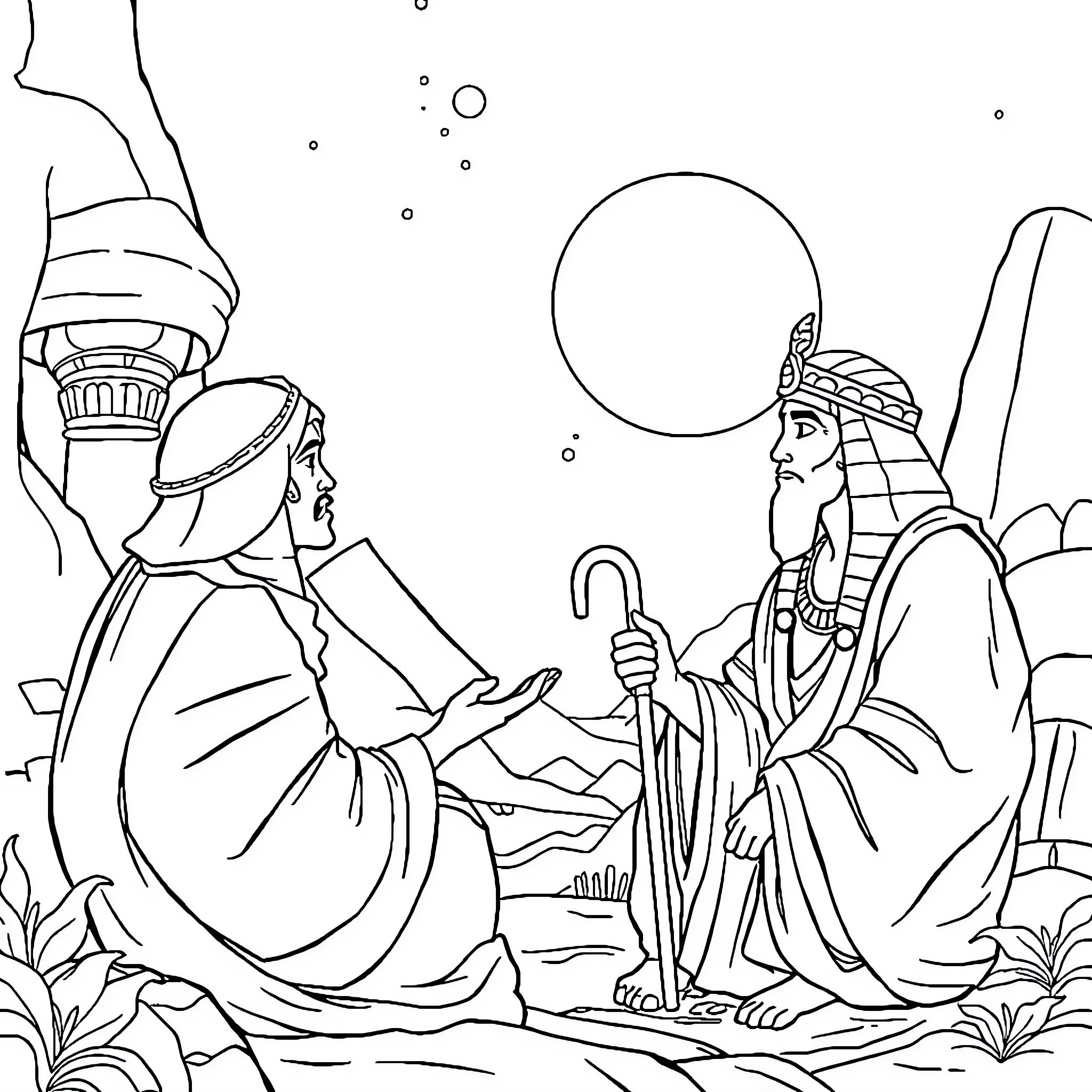 Joseph and the Egyptian Pharaoh in the Wilderness Coloring Page (free black-and-white line drawing printable PDF for all, from beginners to advanced learners, including children, teens, adults, and seniors)