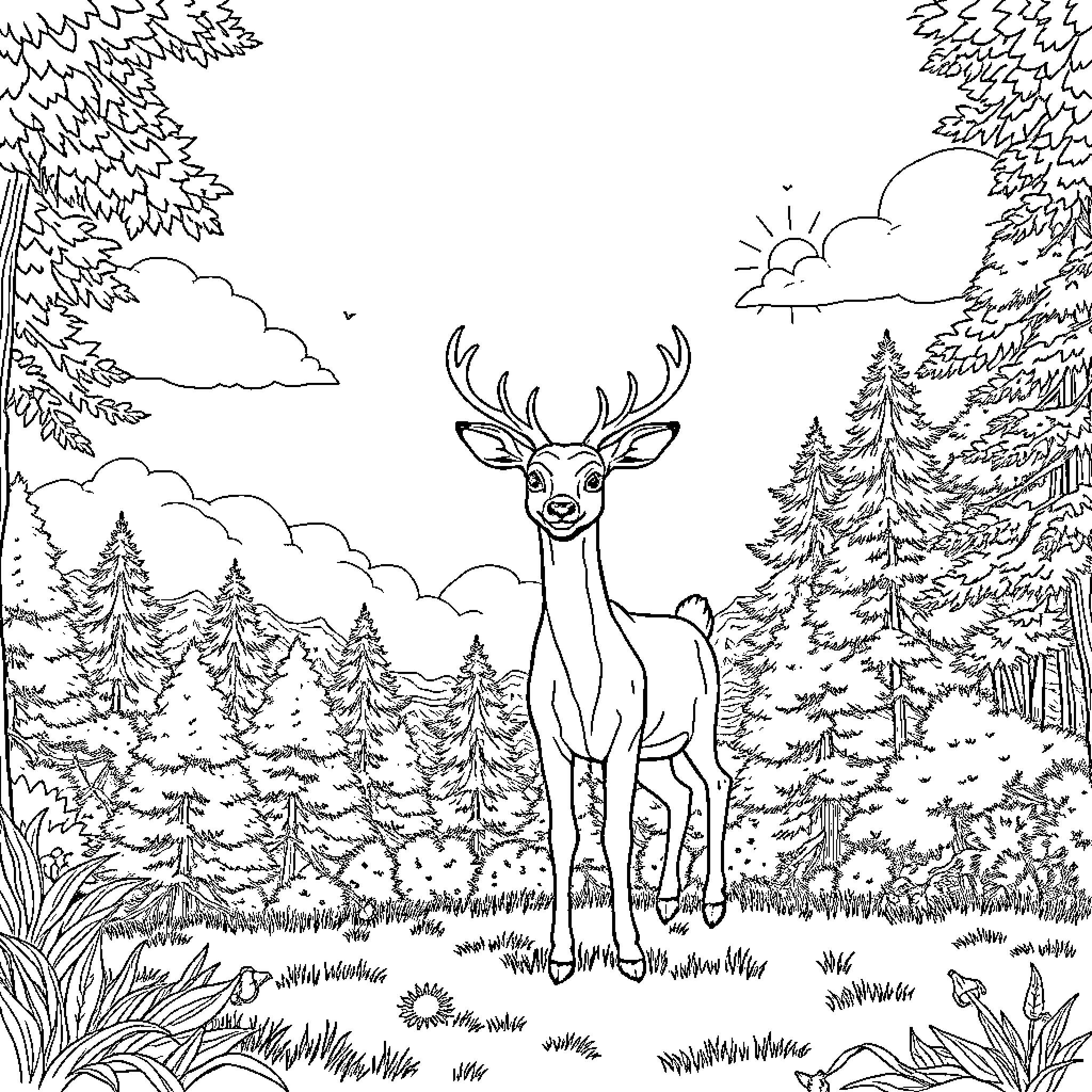 Deer in Tranquil Forest Landscape Coloring Page (free black-and-white line drawing printable PDF for all, from beginners to advanced learners, including children, teens, adults, and seniors)