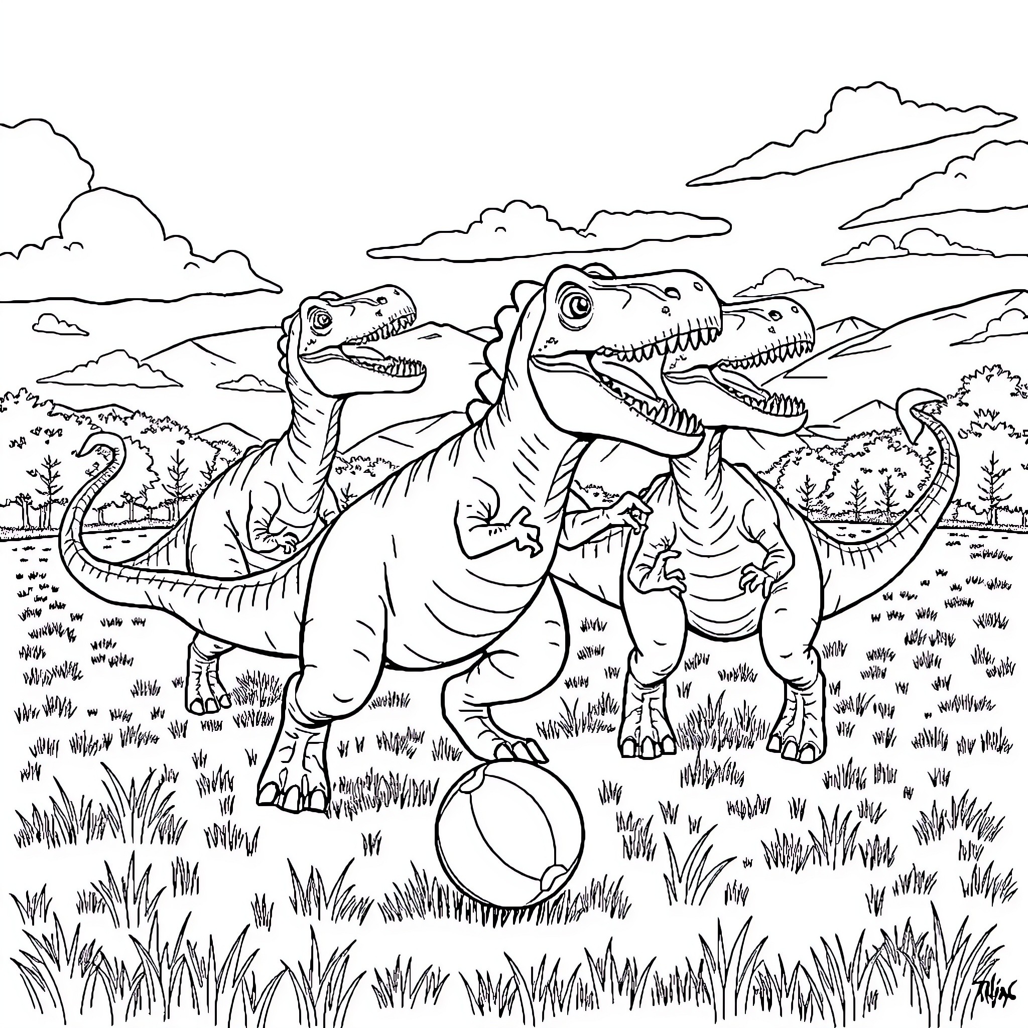 Dinosaur Companions Exploring the Prehistoric Landscape Coloring Page (free black-and-white line drawing printable PDF for all, from beginners to advanced learners, including children, teens, adults, and seniors)