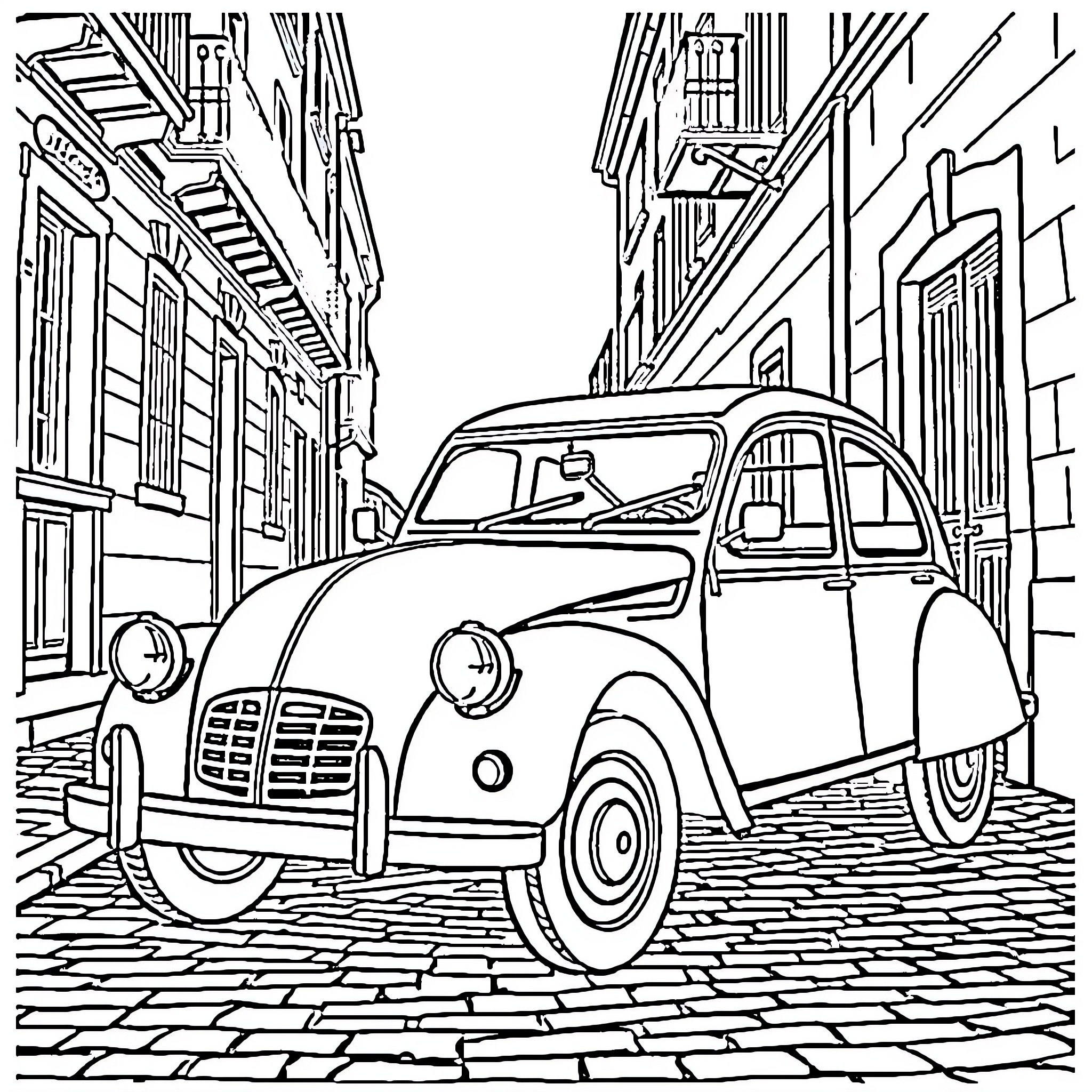2cv classic car in a quaint old town street Coloring Page (free black-and-white line drawing printable PDF for all, from beginners to advanced learners, including children, teens, adults, and seniors)