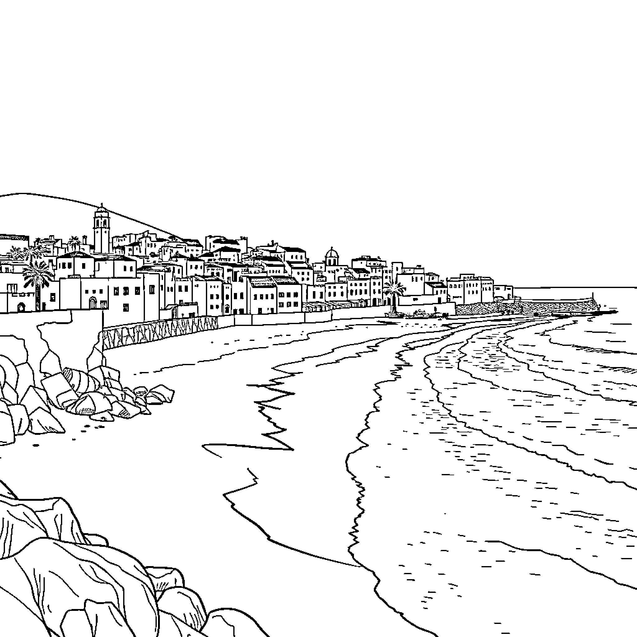 Essaouira coastal town with seaside buildings and beach Coloring Page (free black-and-white line drawing printable PDF for all, from beginners to advanced learners, including children, teens, adults, and seniors)