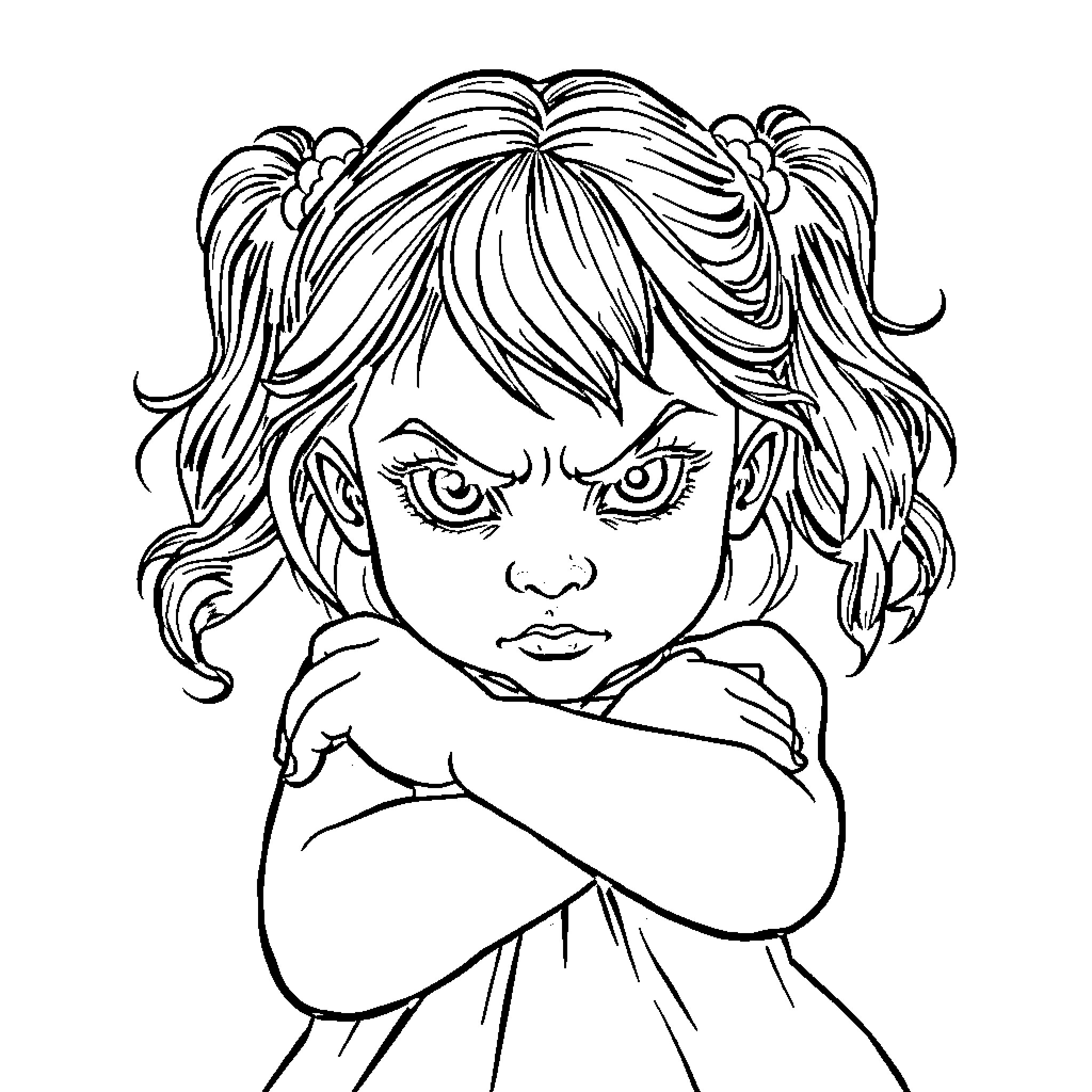 Nina's Serious Expression with Wavy Hair Coloring Page (free black-and-white line drawing printable PDF for all, from beginners to advanced learners, including children, teens, adults, and seniors)