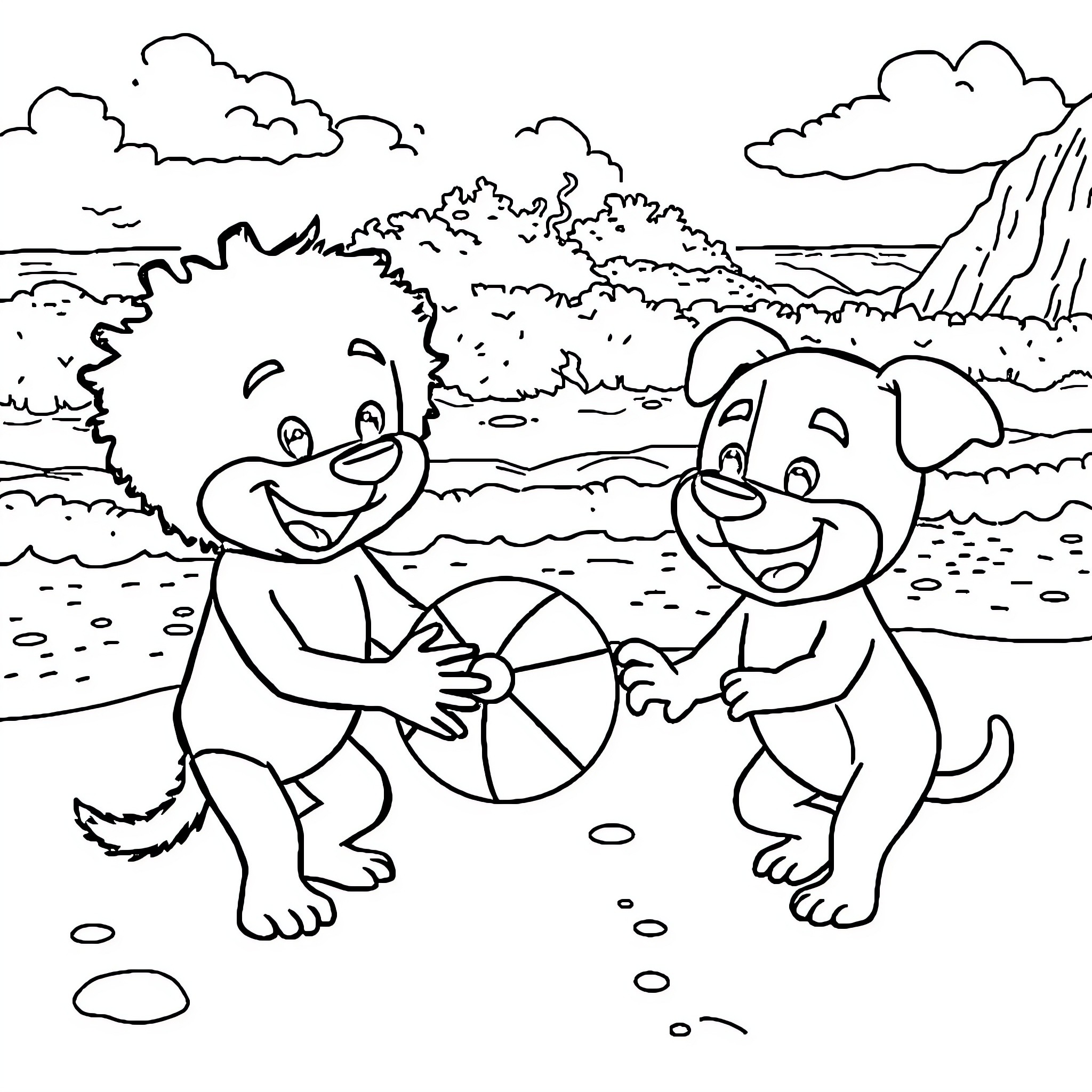 Bluey and friends playing with beach ball Coloring Page (free black-and-white line drawing printable PDF for all, from beginners to advanced learners, including children, teens, adults, and seniors)