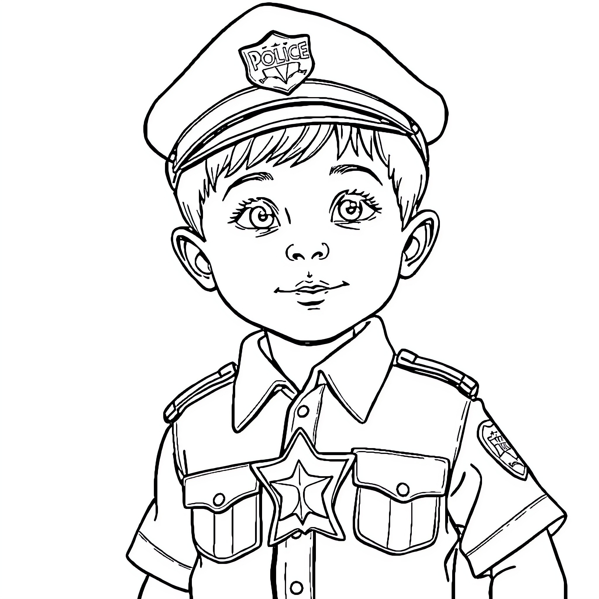 Child dressed as police officer Coloring Page (free black-and-white line drawing printable PDF for all, from beginners to advanced learners, including children, teens, adults, and seniors)