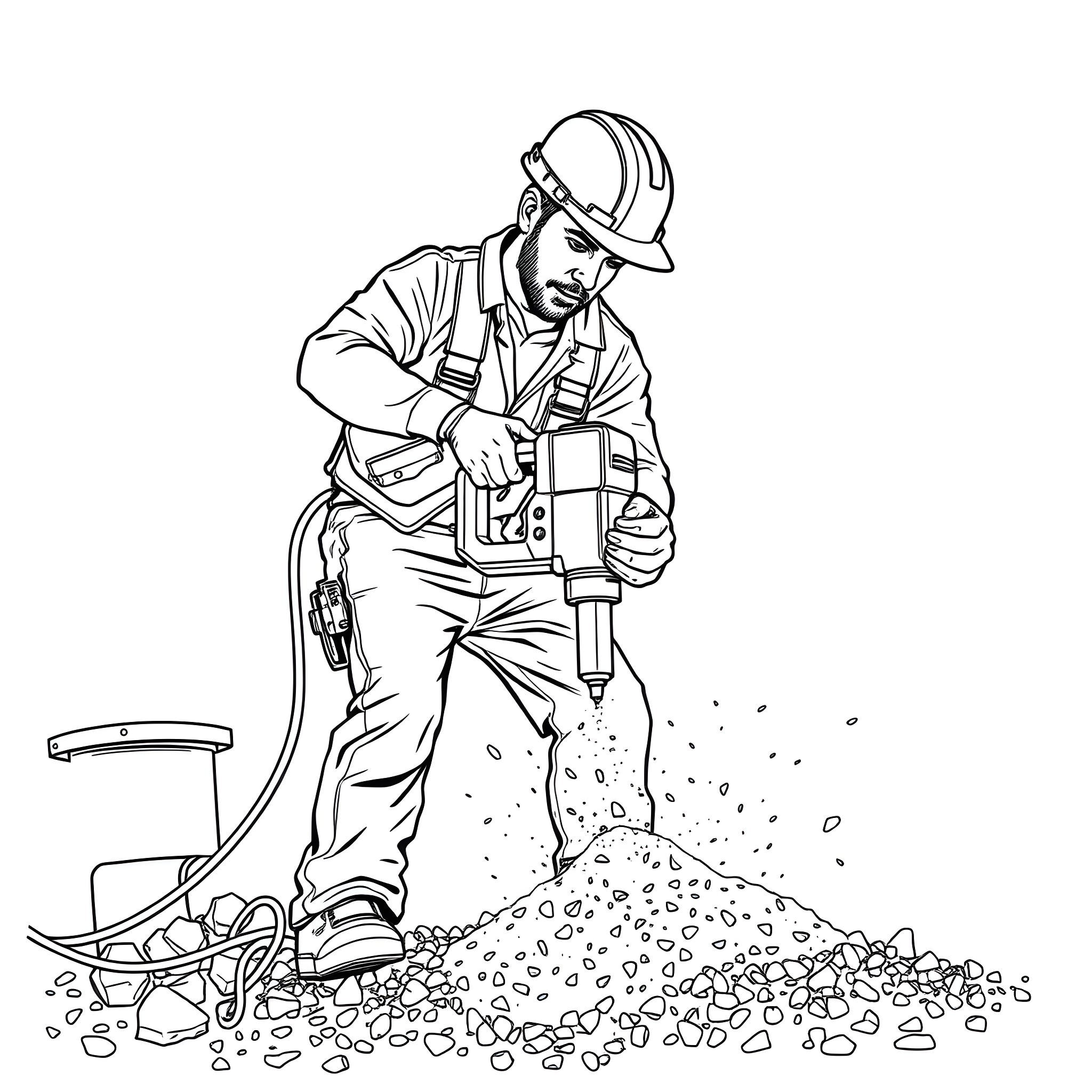 Worker Drilling and Operating Power Tool on Site Coloring Page (free black-and-white line drawing printable PDF for all, from beginners to advanced learners, including children, teens, adults, and seniors)