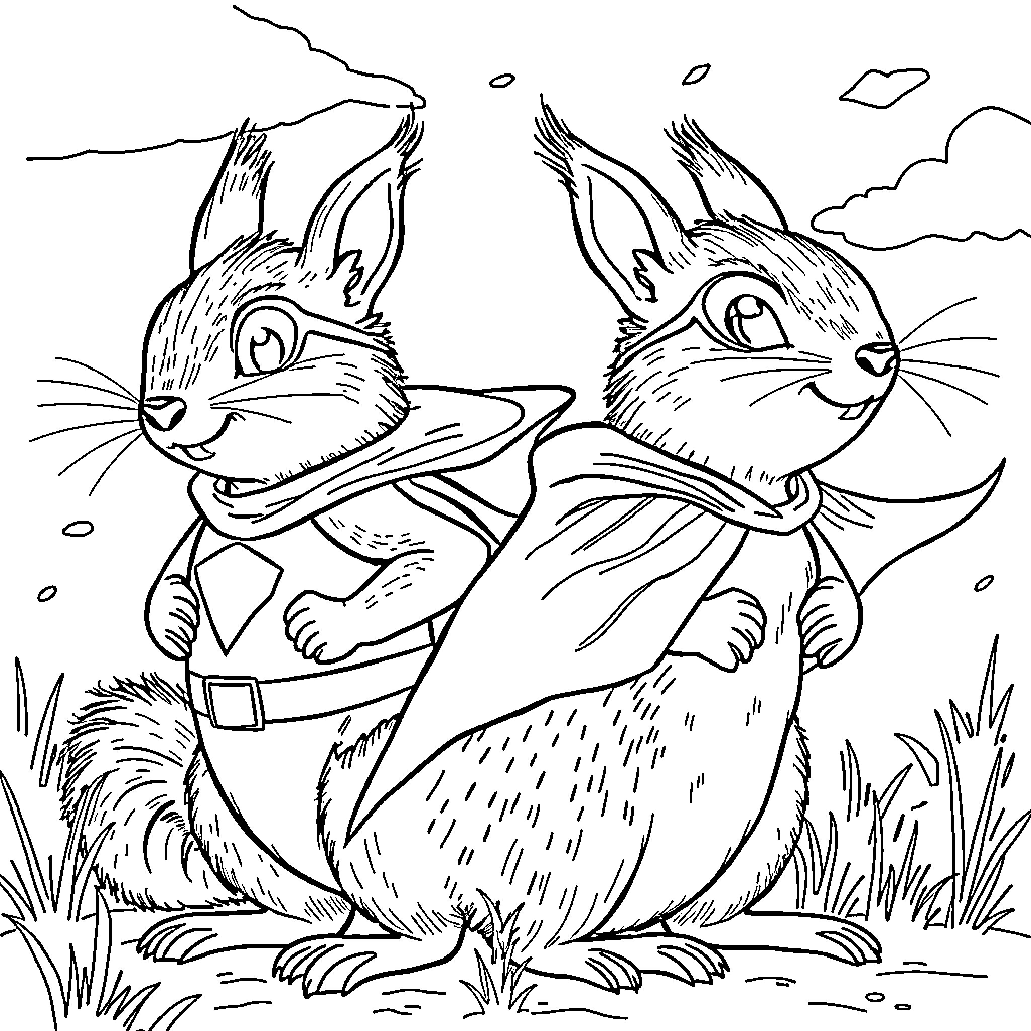 Squirrel friends in adventure attire Coloring Page (free black-and-white line drawing printable PDF for all, from beginners to advanced learners, including children, teens, adults, and seniors)