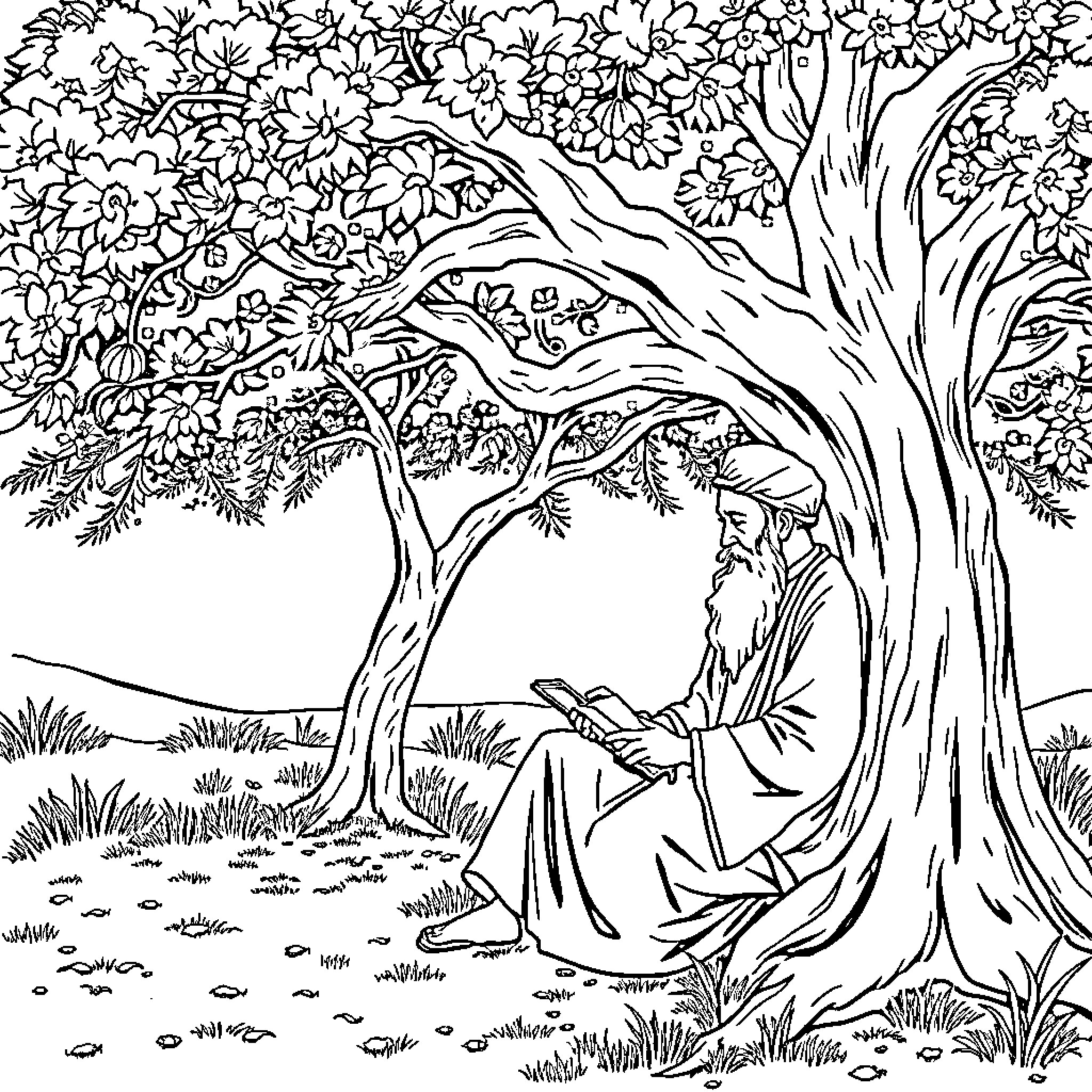 Rumi contemplating under a blooming tree Coloring Page (free black-and-white line drawing printable PDF for all, from beginners to advanced learners, including children, teens, adults, and seniors)