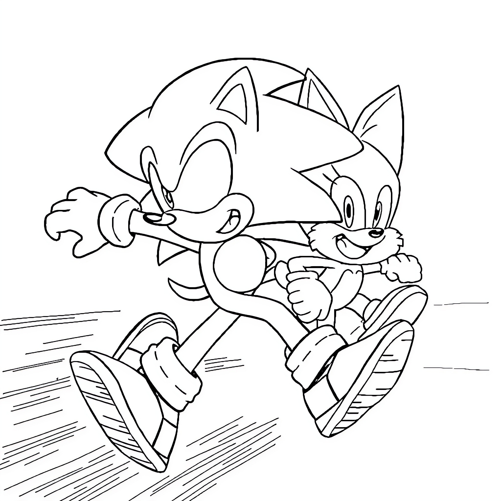 Sonic characters running swiftly on the ground Coloring Page (free black-and-white line drawing printable PDF for all, from beginners to advanced learners, including children, teens, adults, and seniors)