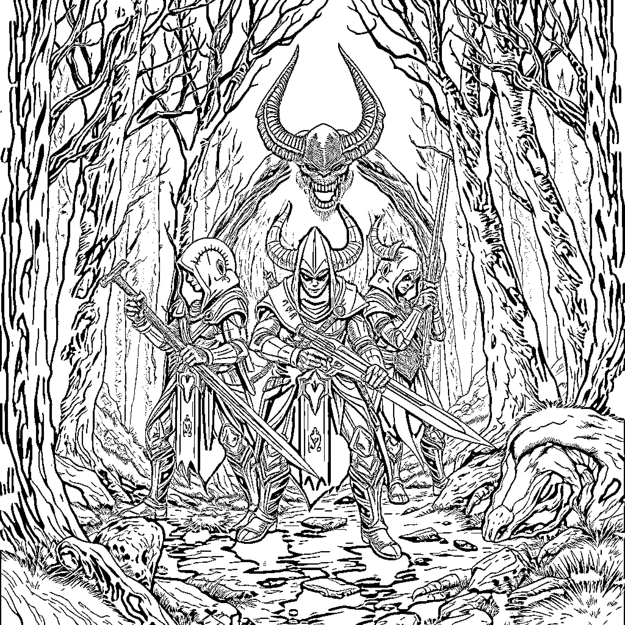 Demon Warriors Marching Through Treacherous Forest Coloring Page (free black-and-white line drawing printable PDF for all, from beginners to advanced learners, including children, teens, adults, and seniors)