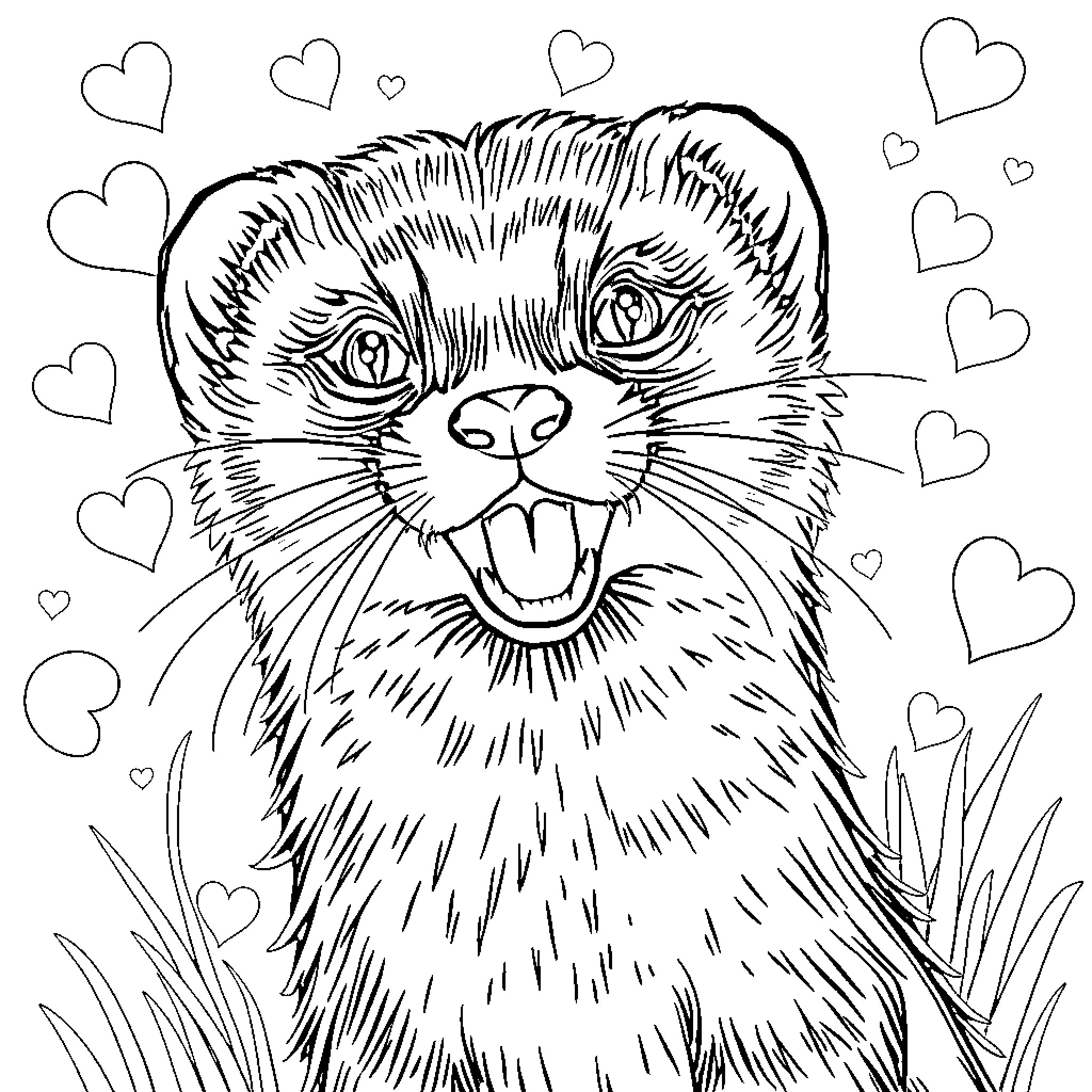 Ferret expressing joy surrounded by hearts Coloring Page (free black-and-white line drawing printable PDF for all, from beginners to advanced learners, including children, teens, adults, and seniors)