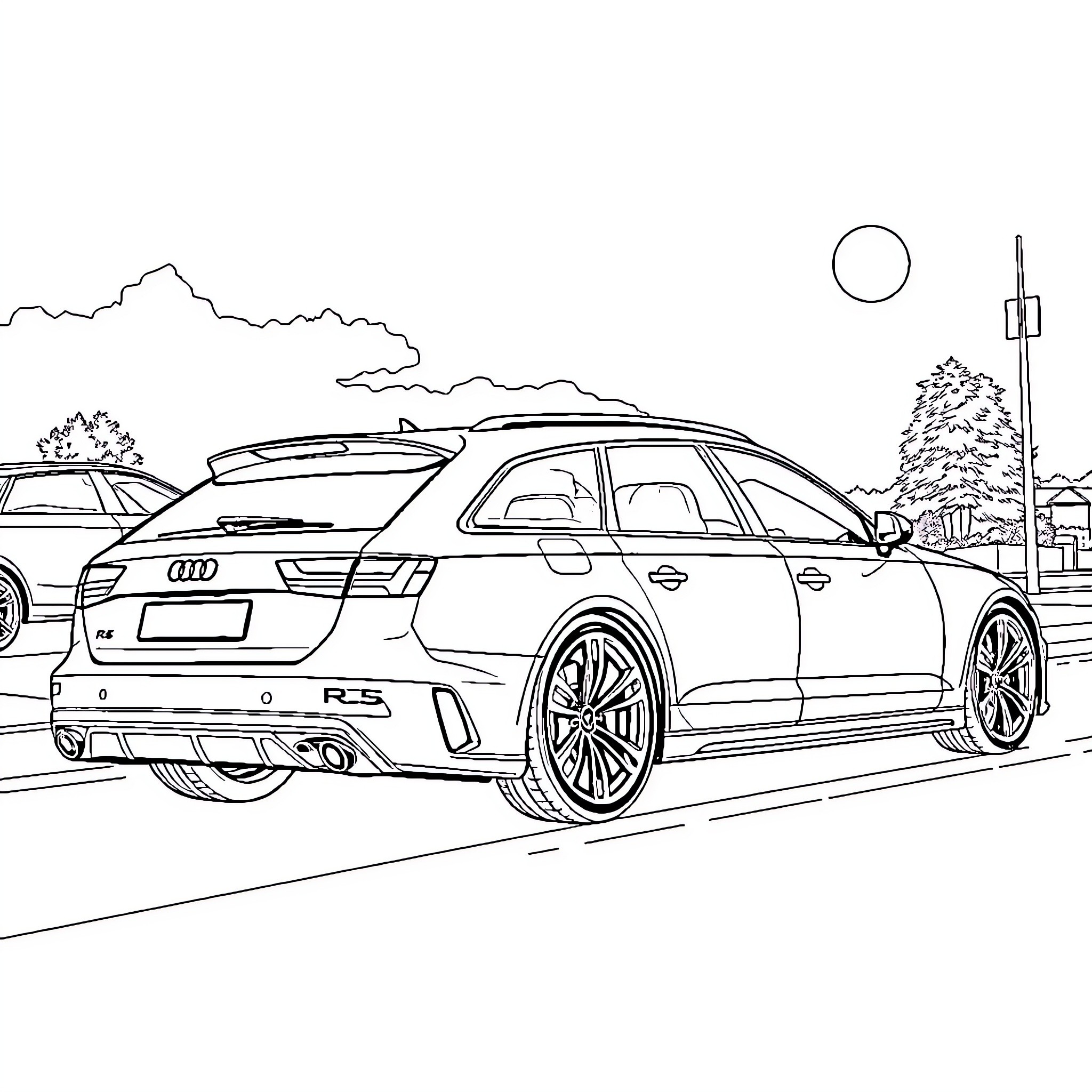 Audi RS Wagons on the Road Coloring Page (free black-and-white line drawing printable PDF for all, from beginners to advanced learners, including children, teens, adults, and seniors)