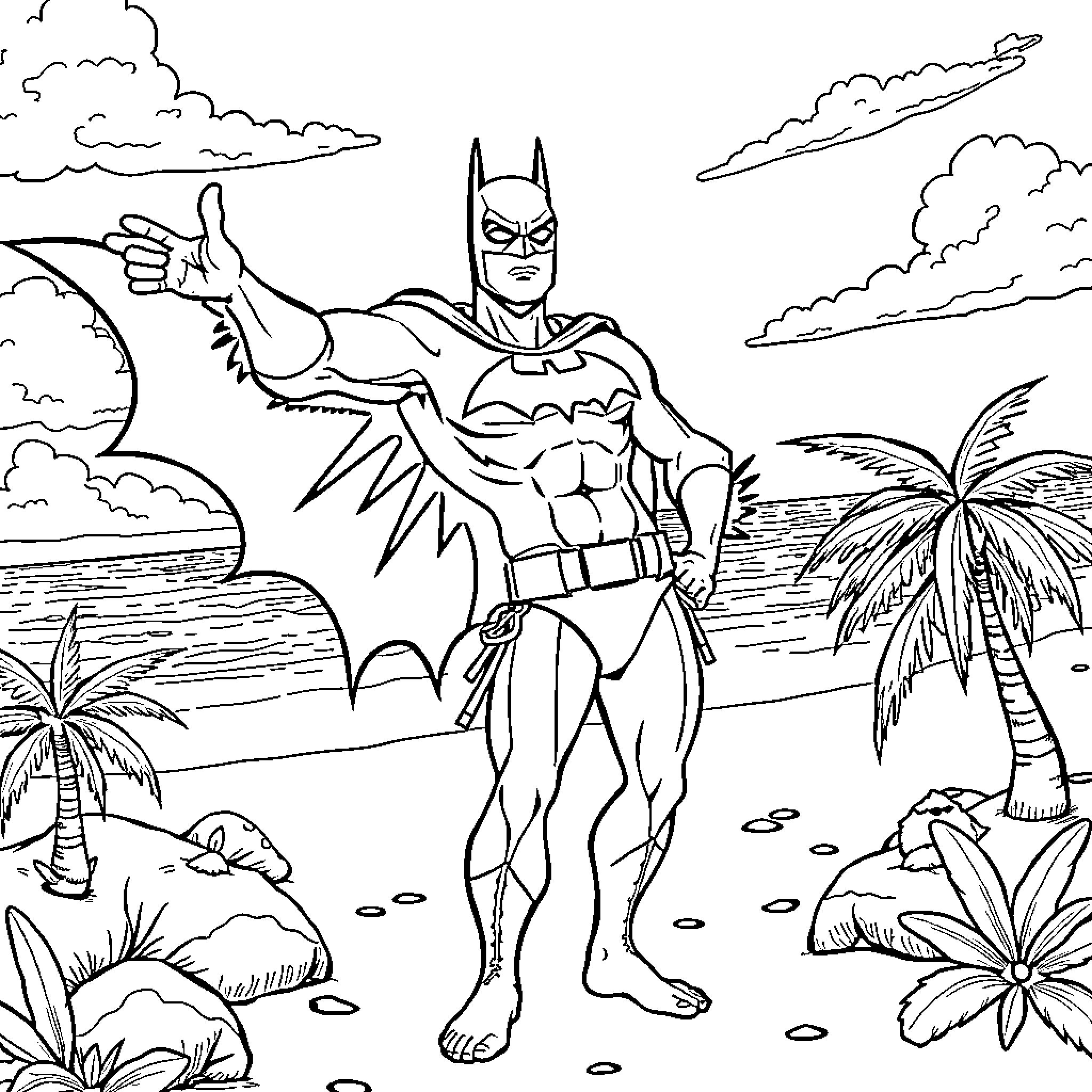 Batman's Heroic Stance on a Tropical Beach Coloring Page (free black-and-white line drawing printable PDF for all, from beginners to advanced learners, including children, teens, adults, and seniors)