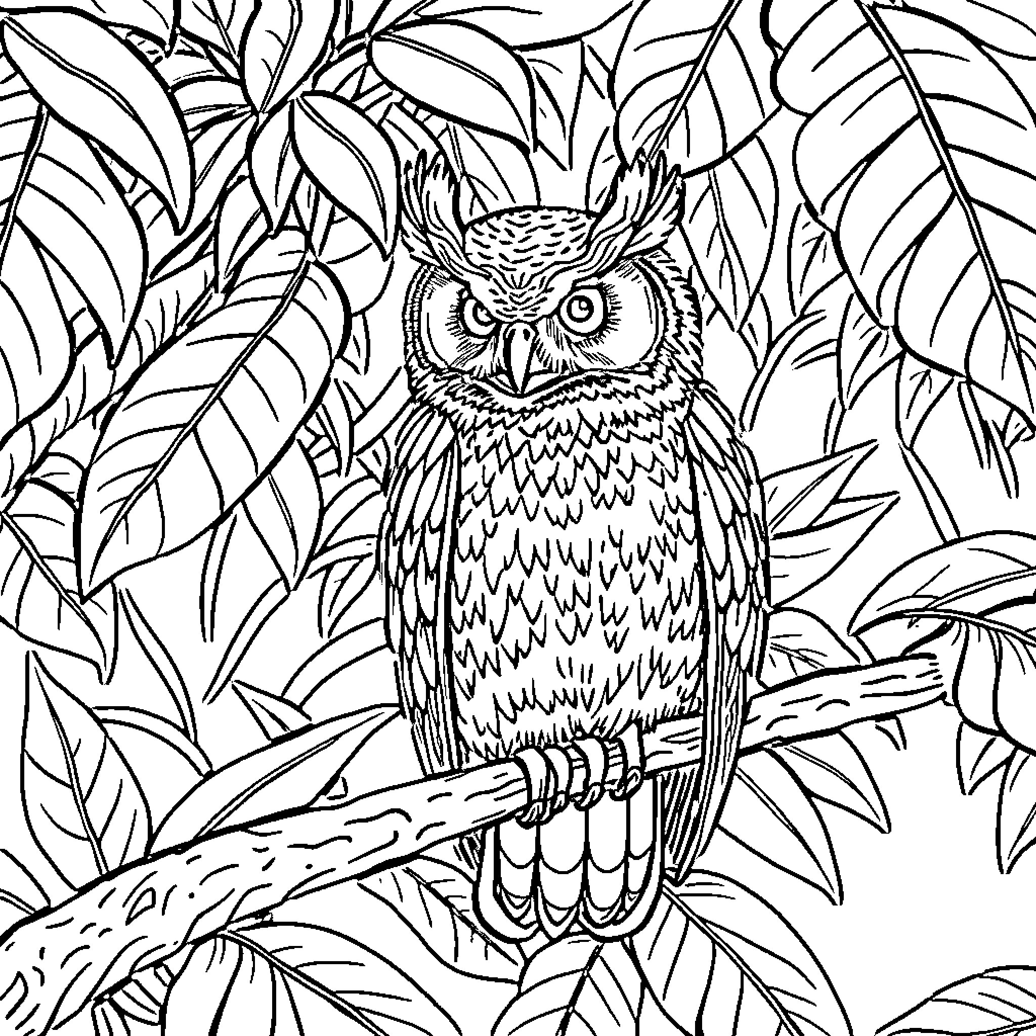Owl sitting amidst lush foliage Coloring Page (free black-and-white line drawing printable PDF for all, from beginners to advanced learners, including children, teens, adults, and seniors)