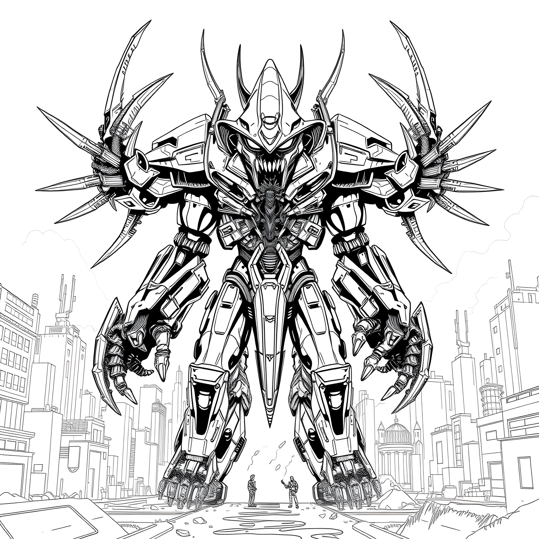 Nemesis: Colossal Mech Dominates the City Skyline Coloring Page (free black-and-white line drawing printable PDF for all, from beginners to advanced learners, including children, teens, adults, and seniors)