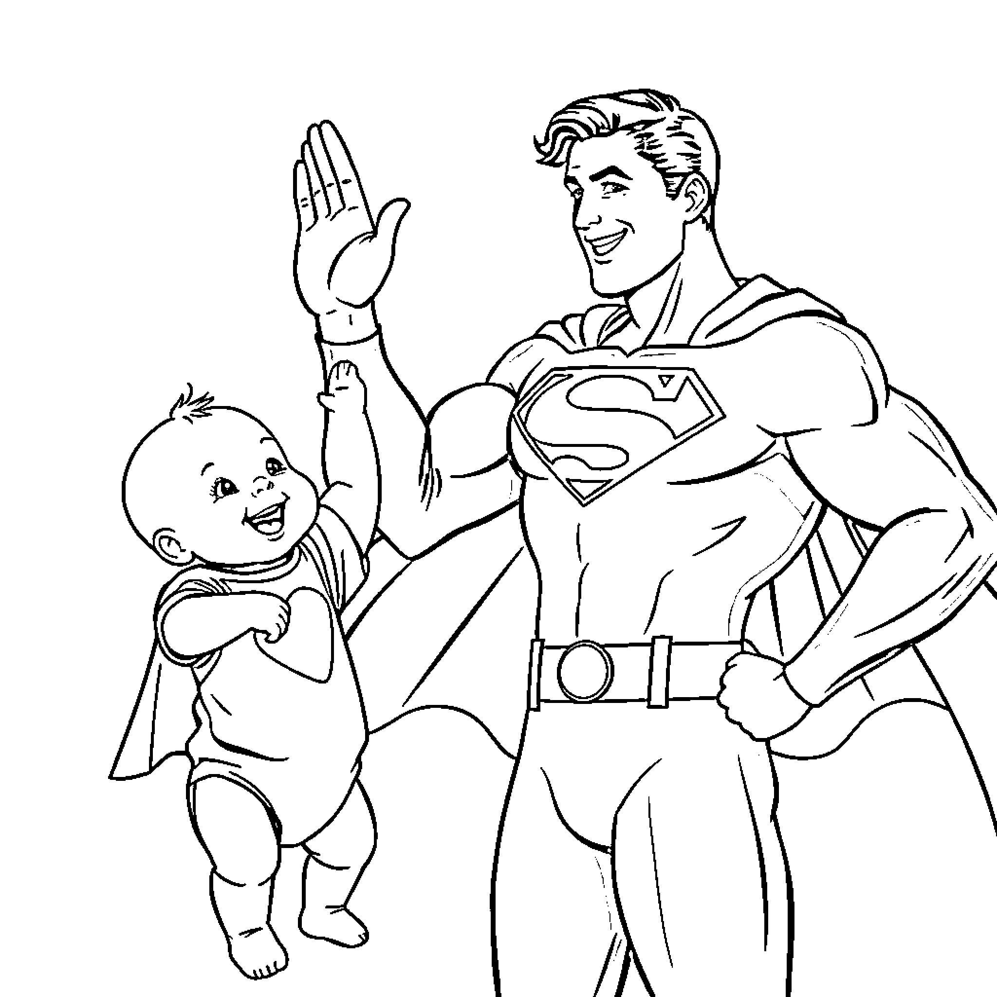 Superman helping a young child Coloring Page (free black-and-white line drawing printable PDF for all, from beginners to advanced learners, including children, teens, adults, and seniors)