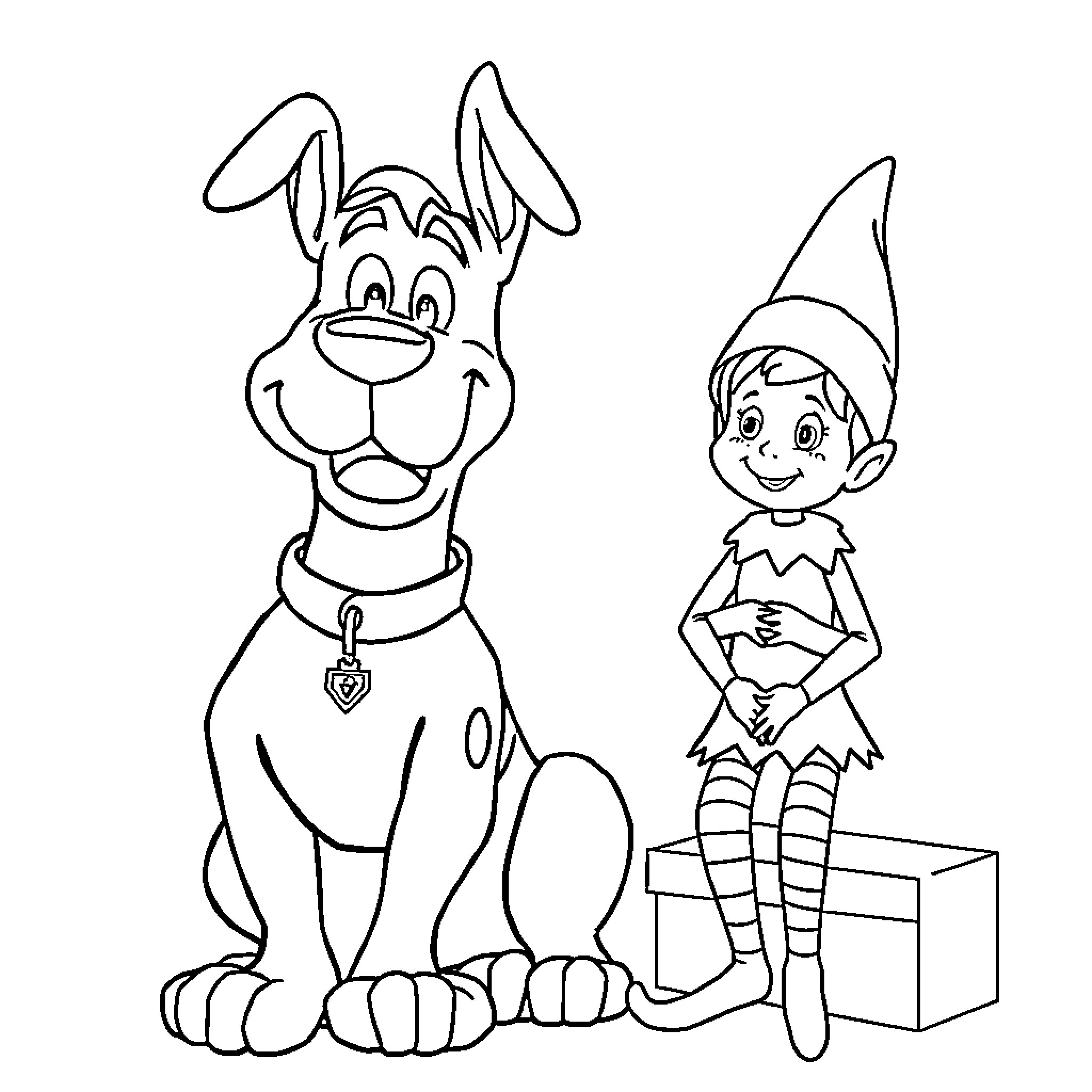 Scooby Doo and Elf Boy on Adventure Coloring Page (free black-and-white line drawing printable PDF for all, from beginners to advanced learners, including children, teens, adults, and seniors)