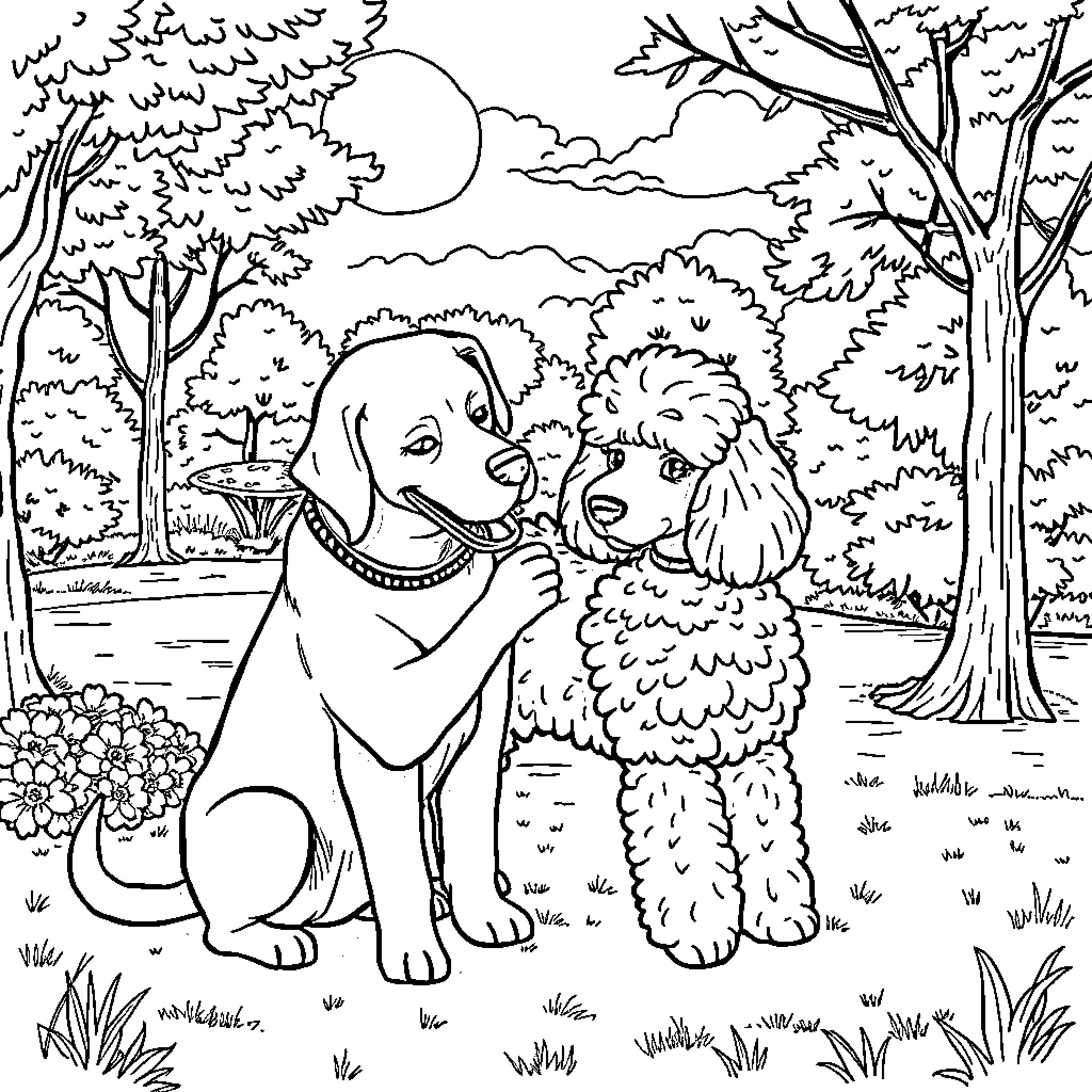 Labrador dogs playing in a peaceful forest landscape Coloring Page (free black-and-white line drawing printable PDF for all, from beginners to advanced learners, including children, teens, adults, and seniors)