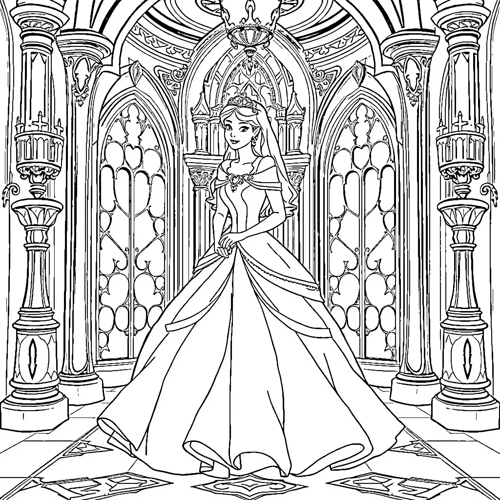 Princess in Elegant Palace Hall Coloring Page (free black-and-white line drawing printable PDF for all, from beginners to advanced learners, including children, teens, adults, and seniors)
