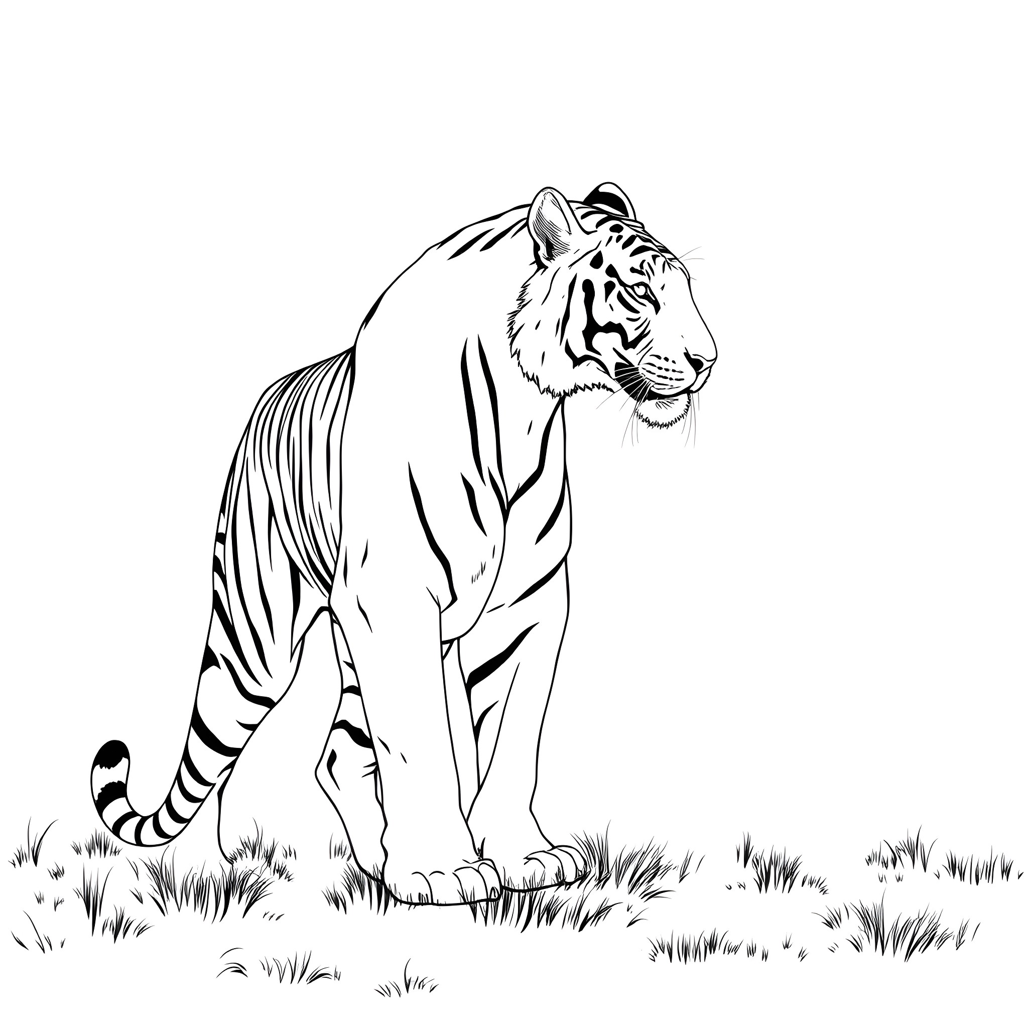 Tiger Prowling Gracefully in the Grass Coloring Page (free black-and-white line drawing printable PDF for all, from beginners to advanced learners, including children, teens, adults, and seniors)