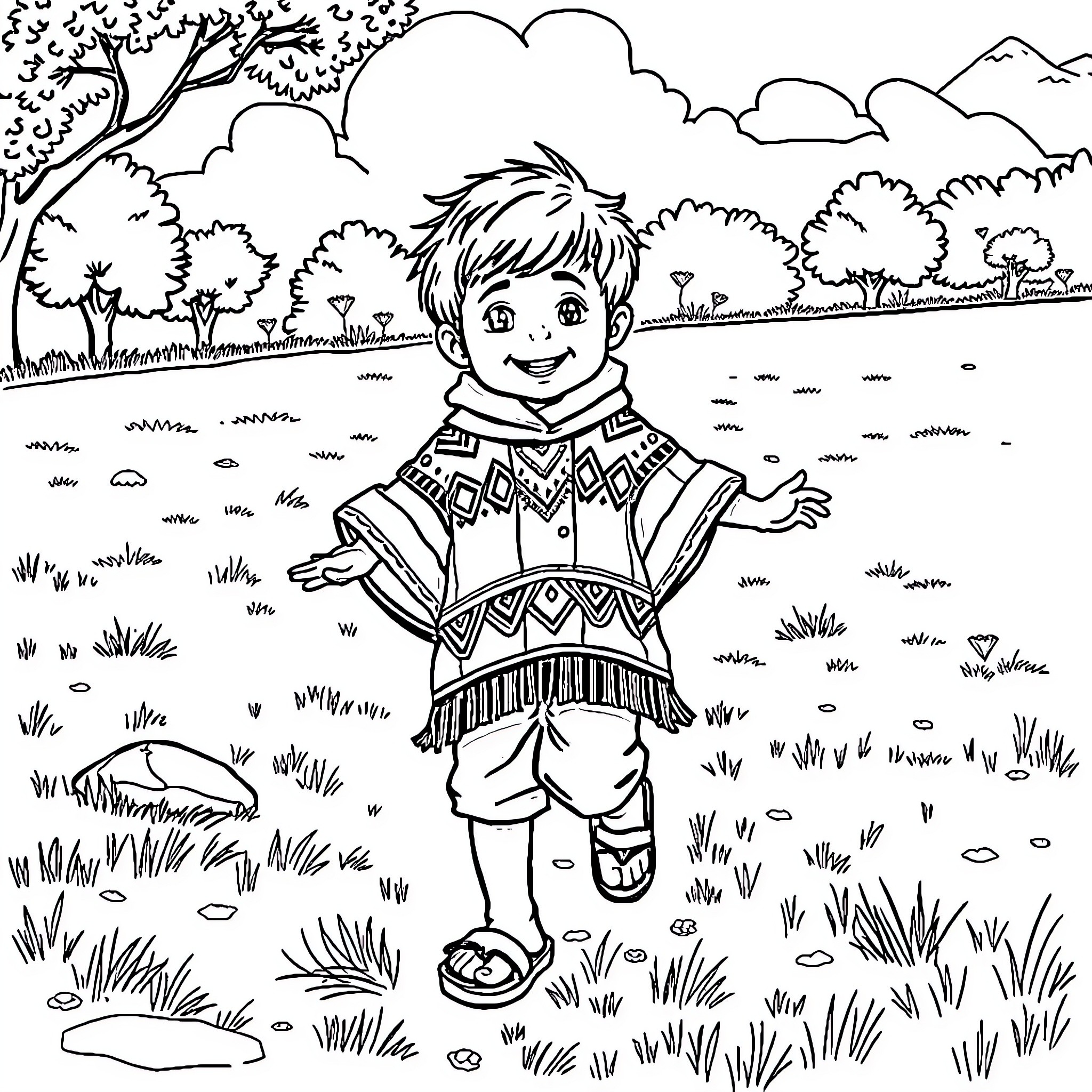 Niño playing joyfully in nature Coloring Page (free black-and-white line drawing printable PDF for all, from beginners to advanced learners, including children, teens, adults, and seniors)