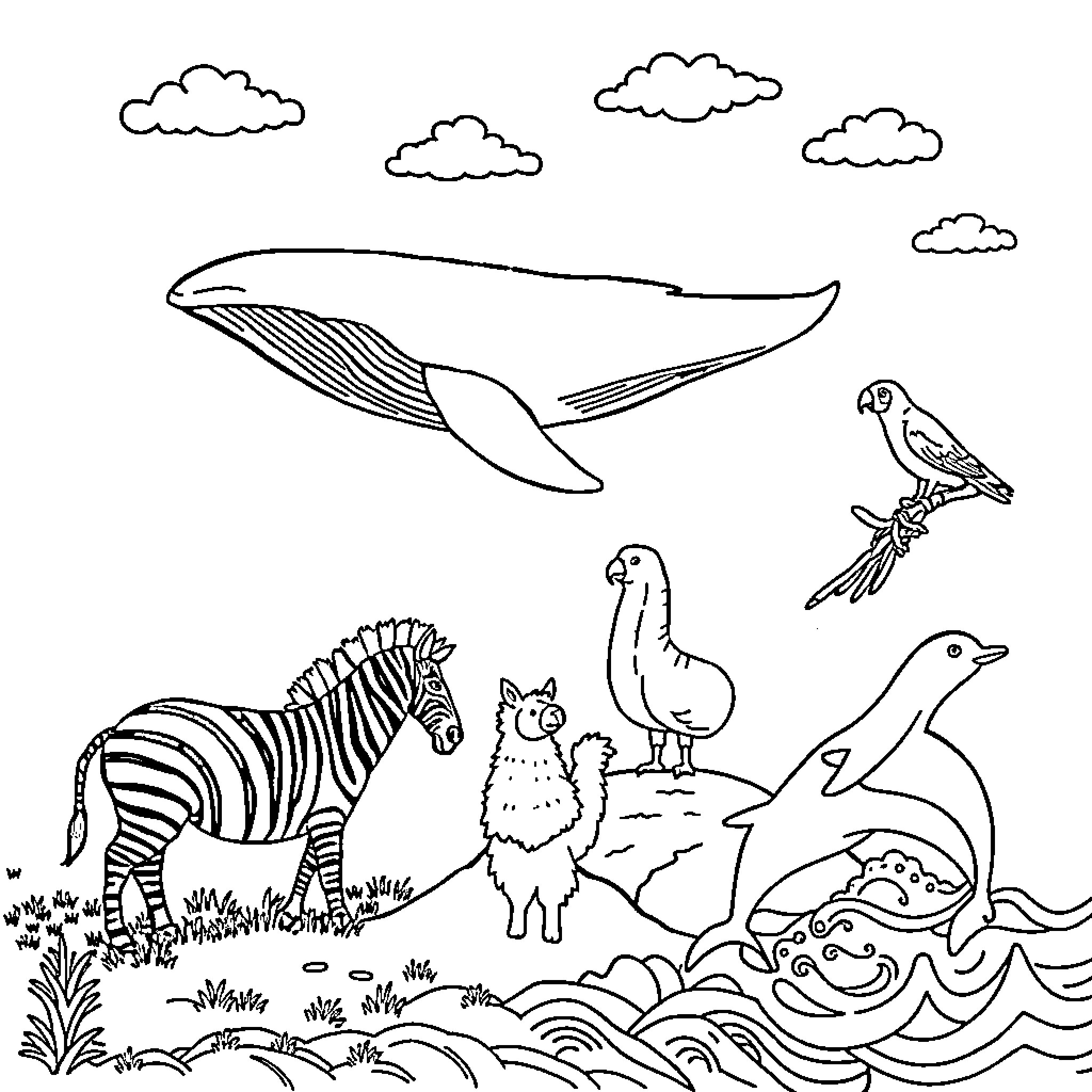 Whale and diverse animal friends in scenic landscape Coloring Page (free black-and-white line drawing printable PDF for all, from beginners to advanced learners, including children, teens, adults, and seniors)