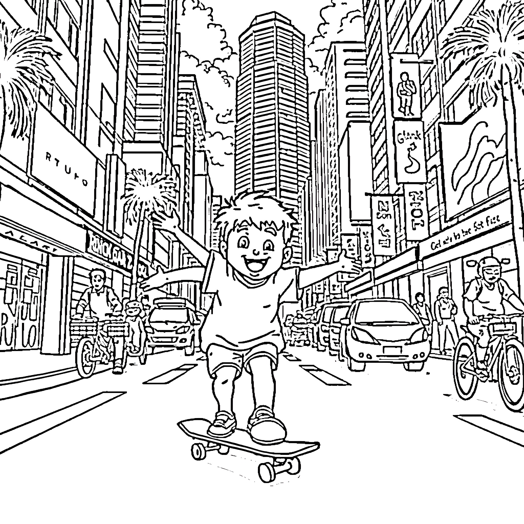 Boy riding skateboard on busy city street Coloring Page (free black-and-white line drawing printable PDF for all, from beginners to advanced learners, including children, teens, adults, and seniors)